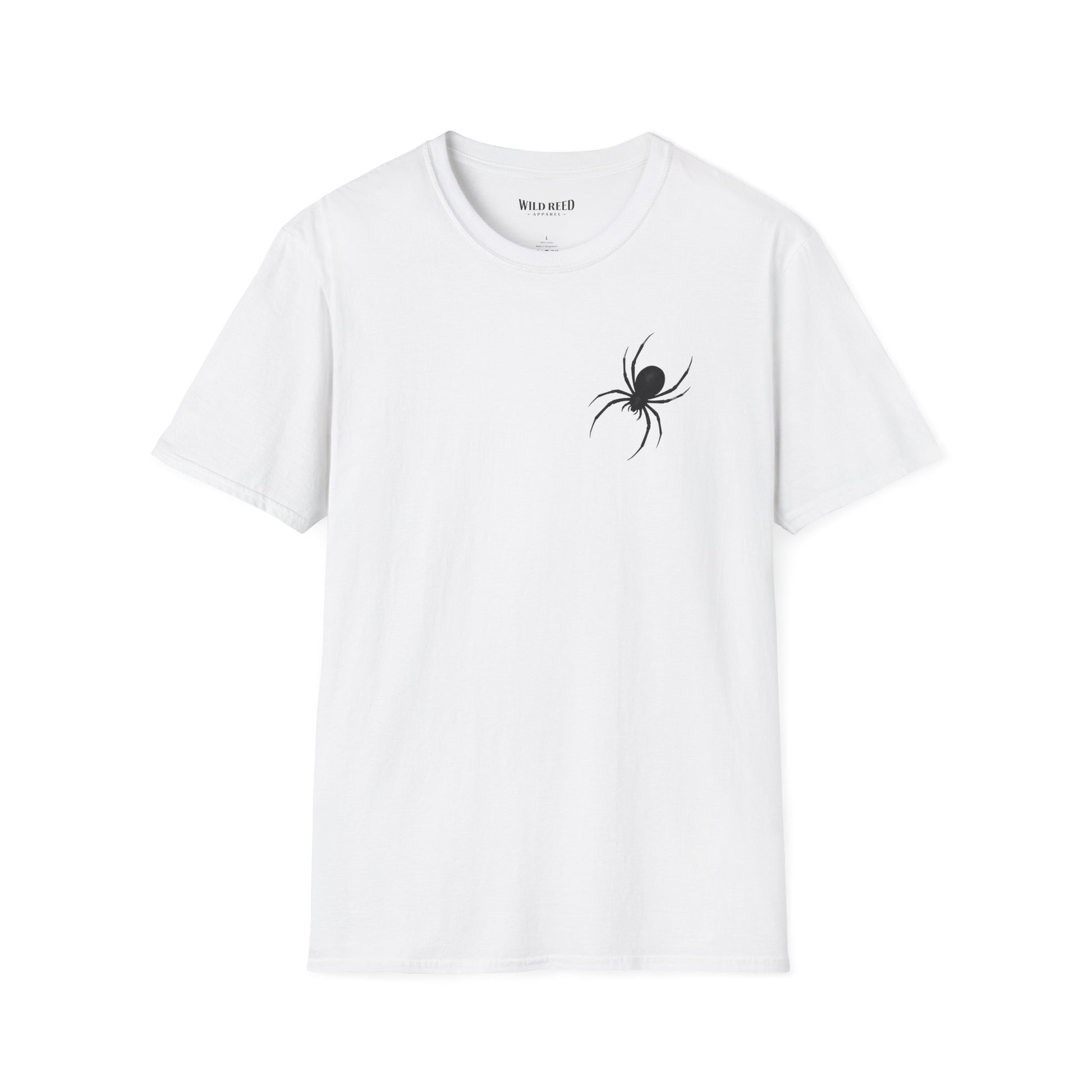 Black Spider graphic white tee with a subtle black spider chest print