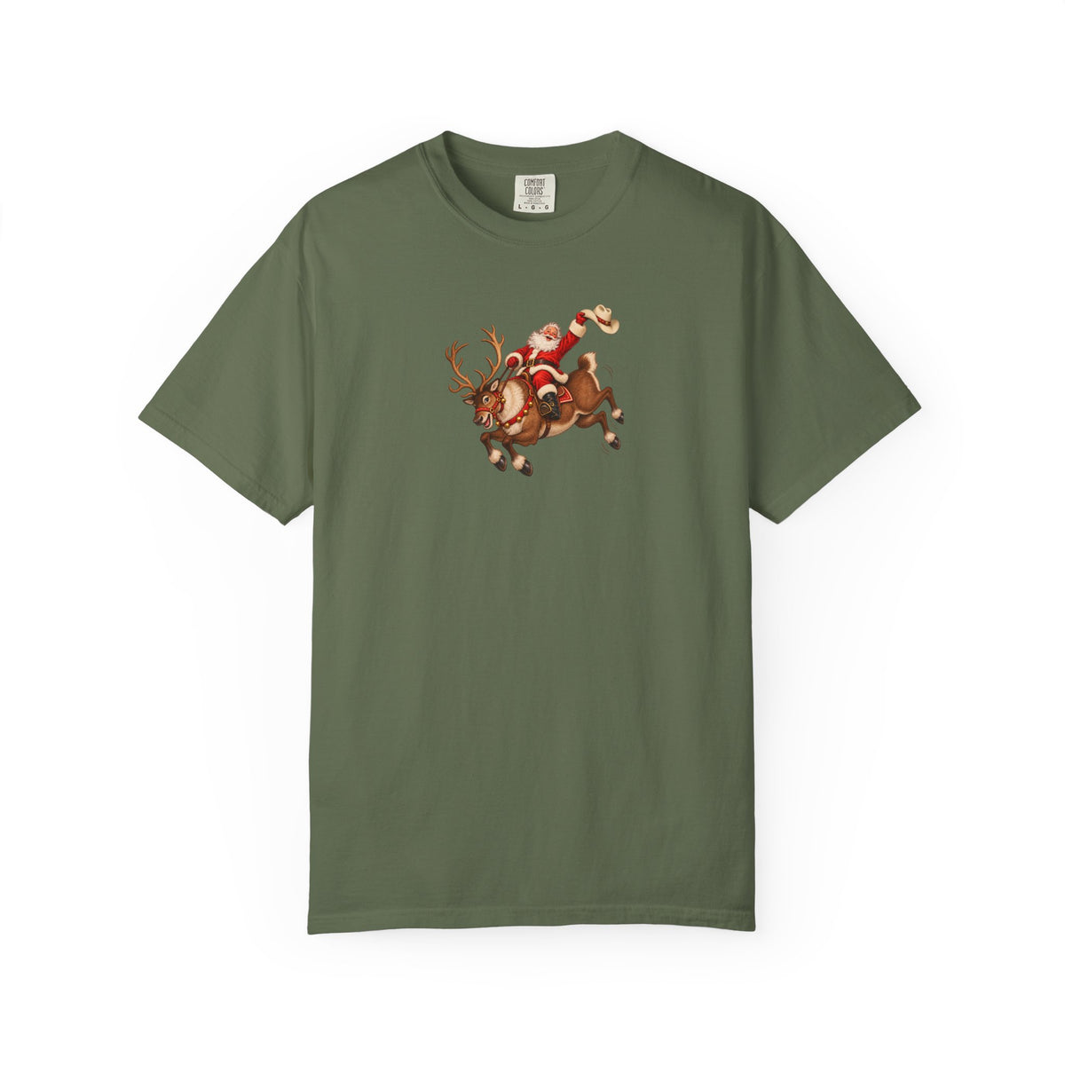 Santa Riding a Bucking Reindeer Graphic Tee | Western Christmas Shirt