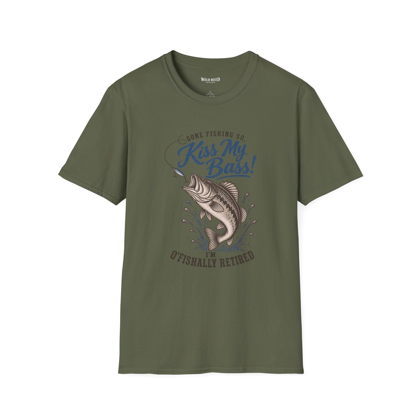 military green graphic t-shirt with a blue and brown fish design and the text 'Gone Fishing So, Kiss My Bass! I'm O'Fishally Retired