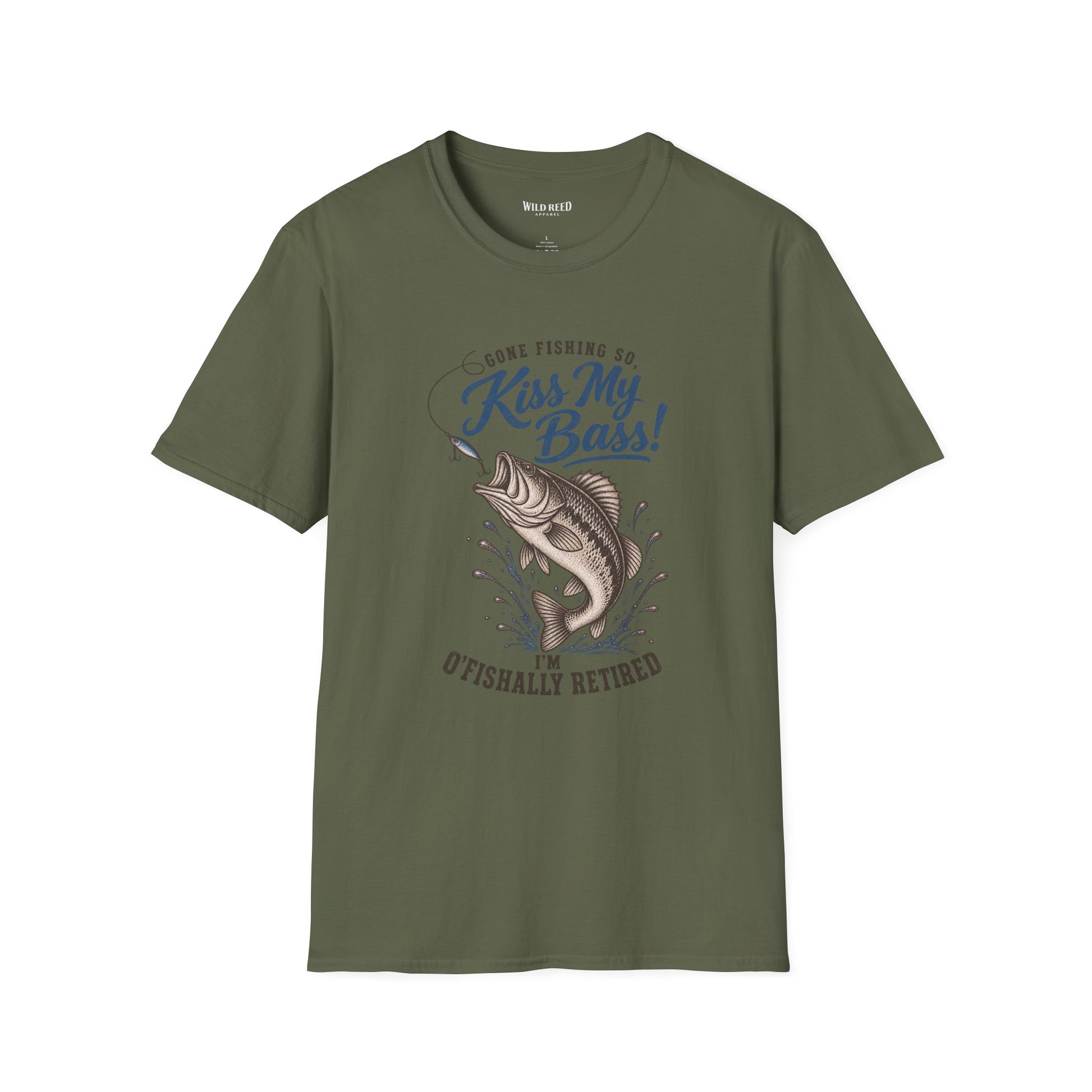 military green graphic t-shirt with a blue and brown fish design and the text 'Gone Fishing So, Kiss My Bass! I'm O'Fishally Retired