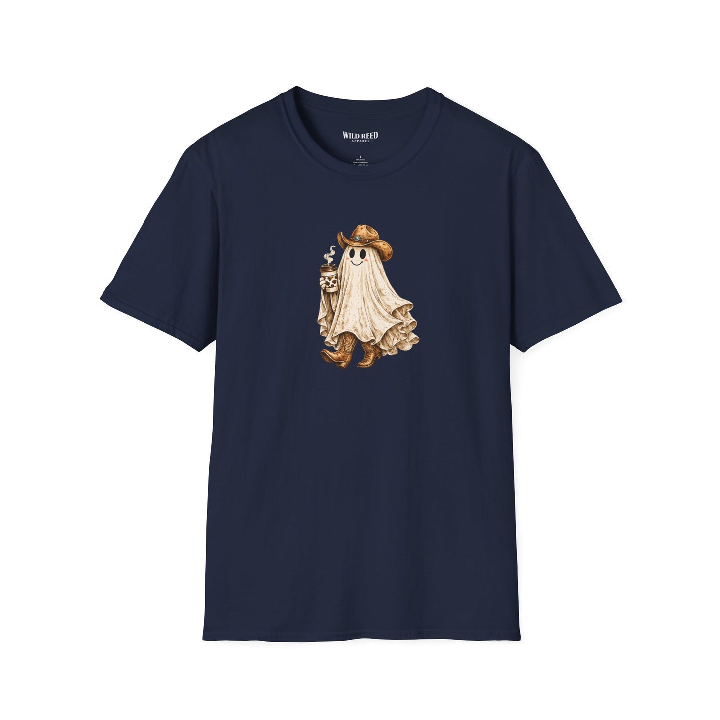 Vintage western ghost graphic on a navy t-shirt featuring a smiling ghost in a cowboy hat and cowboy boots holding a cow print coffee cup.