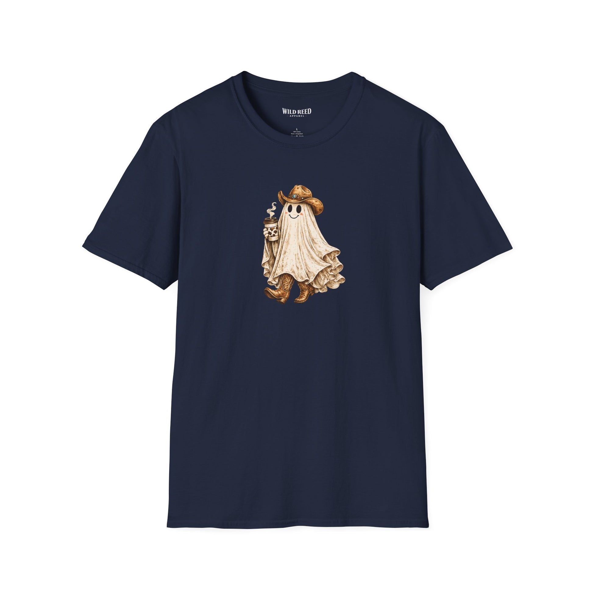 Vintage western ghost graphic on a navy t-shirt featuring a smiling ghost in a cowboy hat and cowboy boots holding a cow print coffee cup.