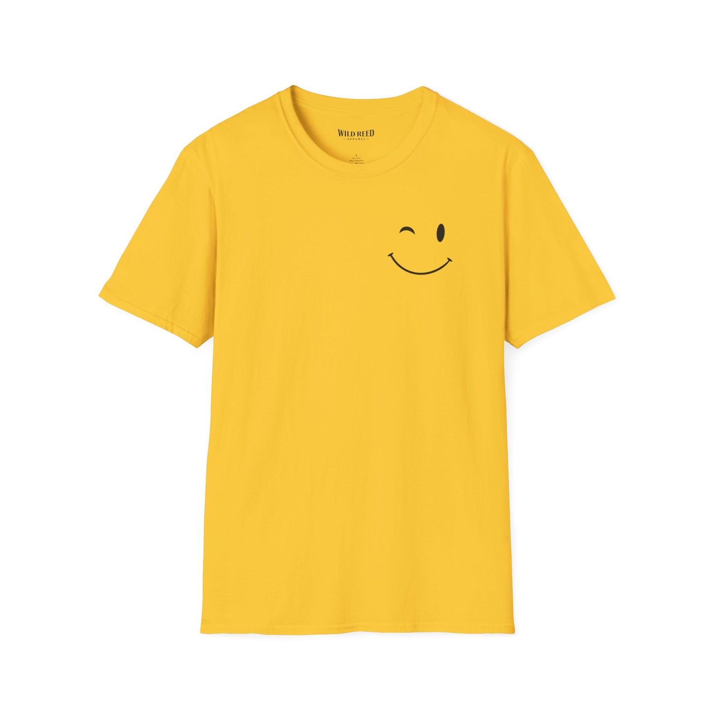 yellow graphic T-shirt with a small winking smiley face on the front and Have the kind of day you deserve printed on the back.