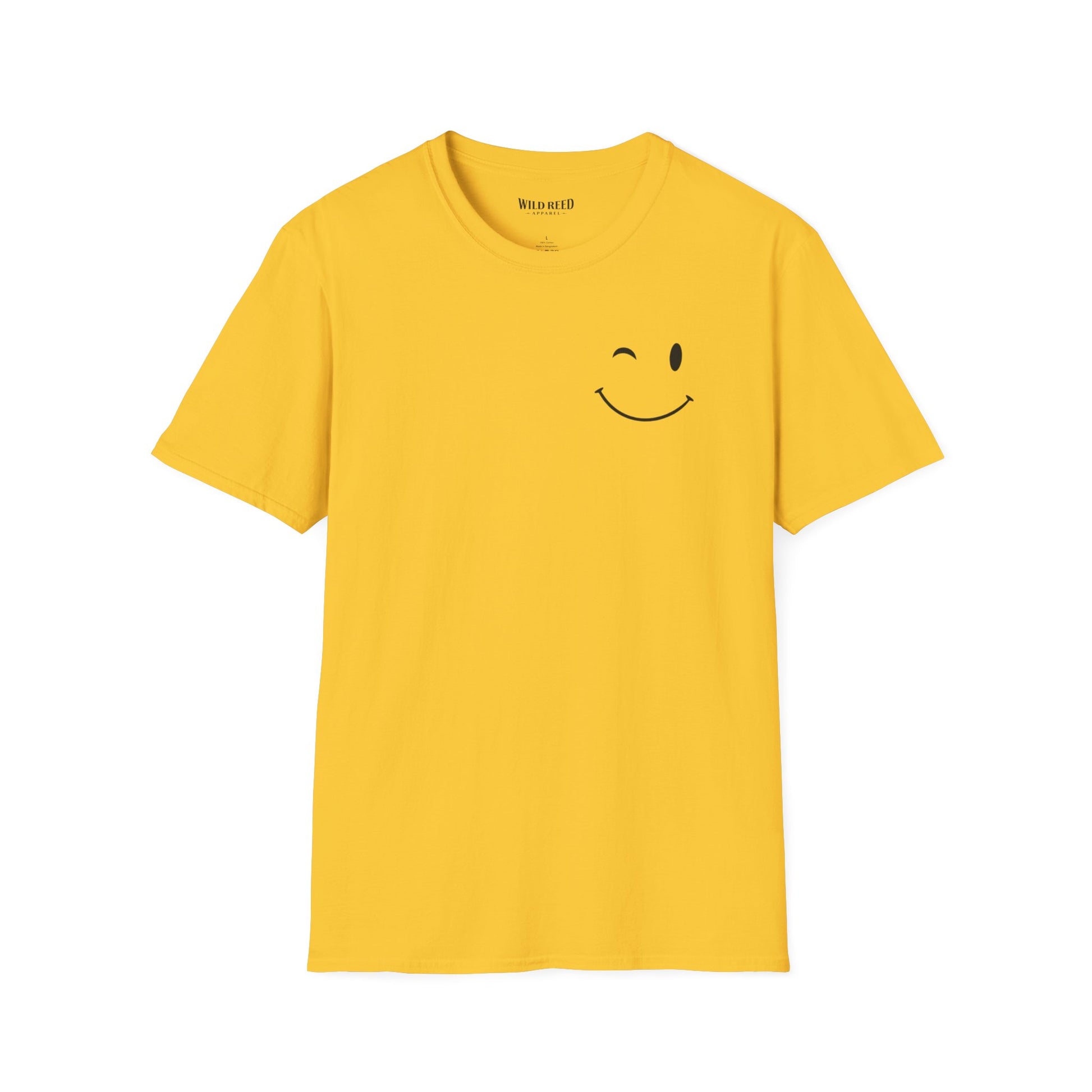 yellow graphic T-shirt with a small winking smiley face on the front and Have the kind of day you deserve printed on the back.