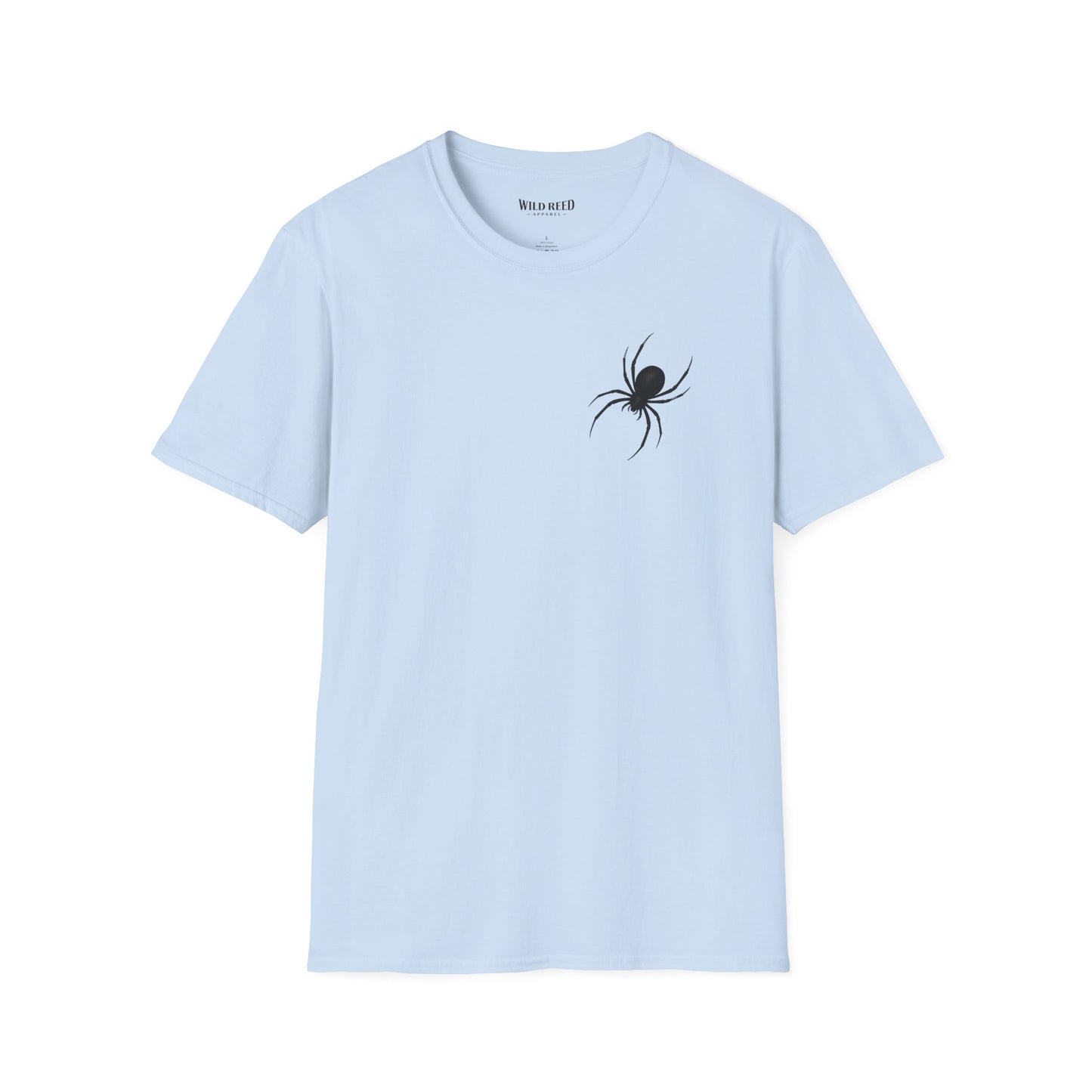 Black Spider graphic light blue tee with a subtle black spider chest print