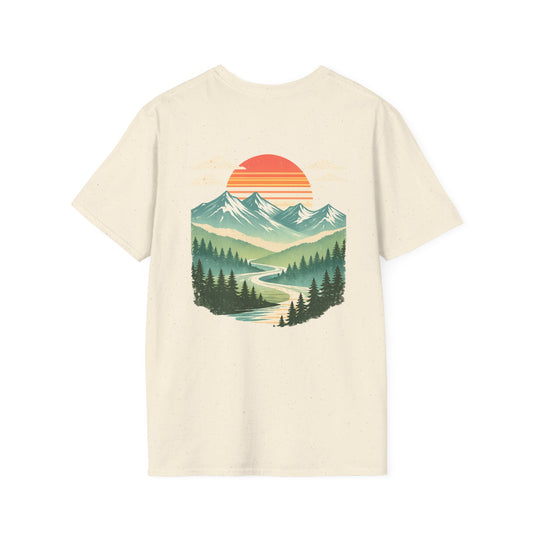 Retro Mountain Sunset Back Print T-Shirt | Vintage Outdoor Landscape Graphic Tee | Heritage Vintage Collection