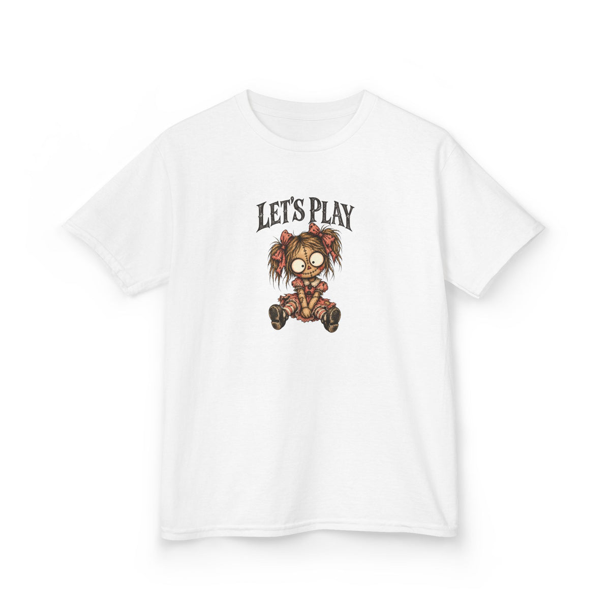 Let's Play Creepy Doll Youth Halloween T-Shirt | Spooky Kids Graphic Tee