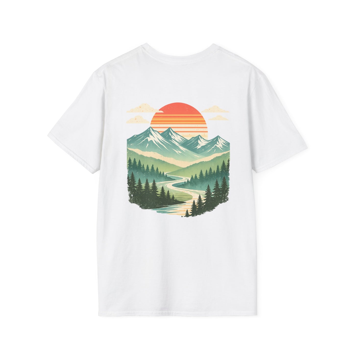 Retro Mountain Sunset Back Print T-Shirt | Vintage Outdoor Landscape Graphic Tee | Heritage Vintage Collection