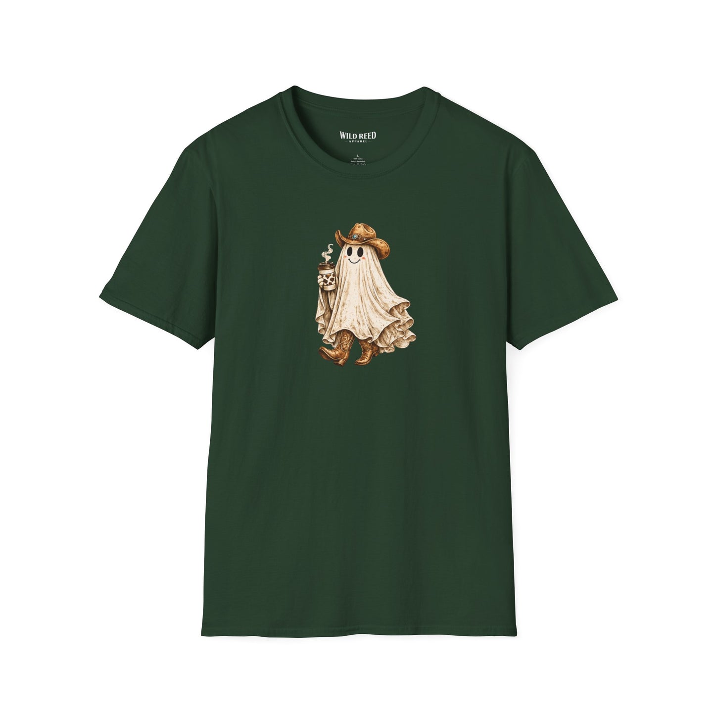 Vintage western ghost graphic on a forest green t-shirt featuring a smiling ghost in a cowboy hat and cowboy boots holding a cow print coffee cup.