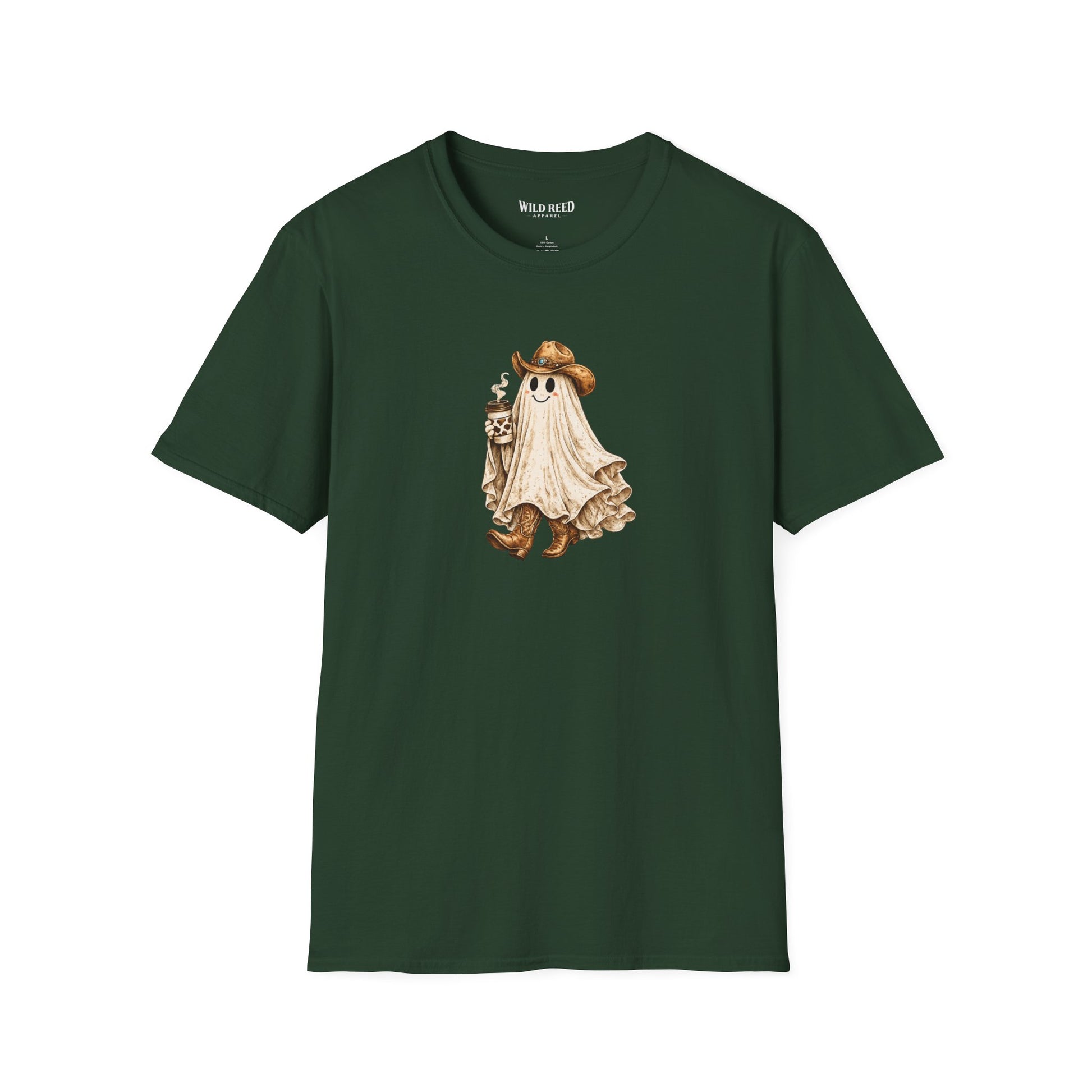 Vintage western ghost graphic on a forest green t-shirt featuring a smiling ghost in a cowboy hat and cowboy boots holding a cow print coffee cup.