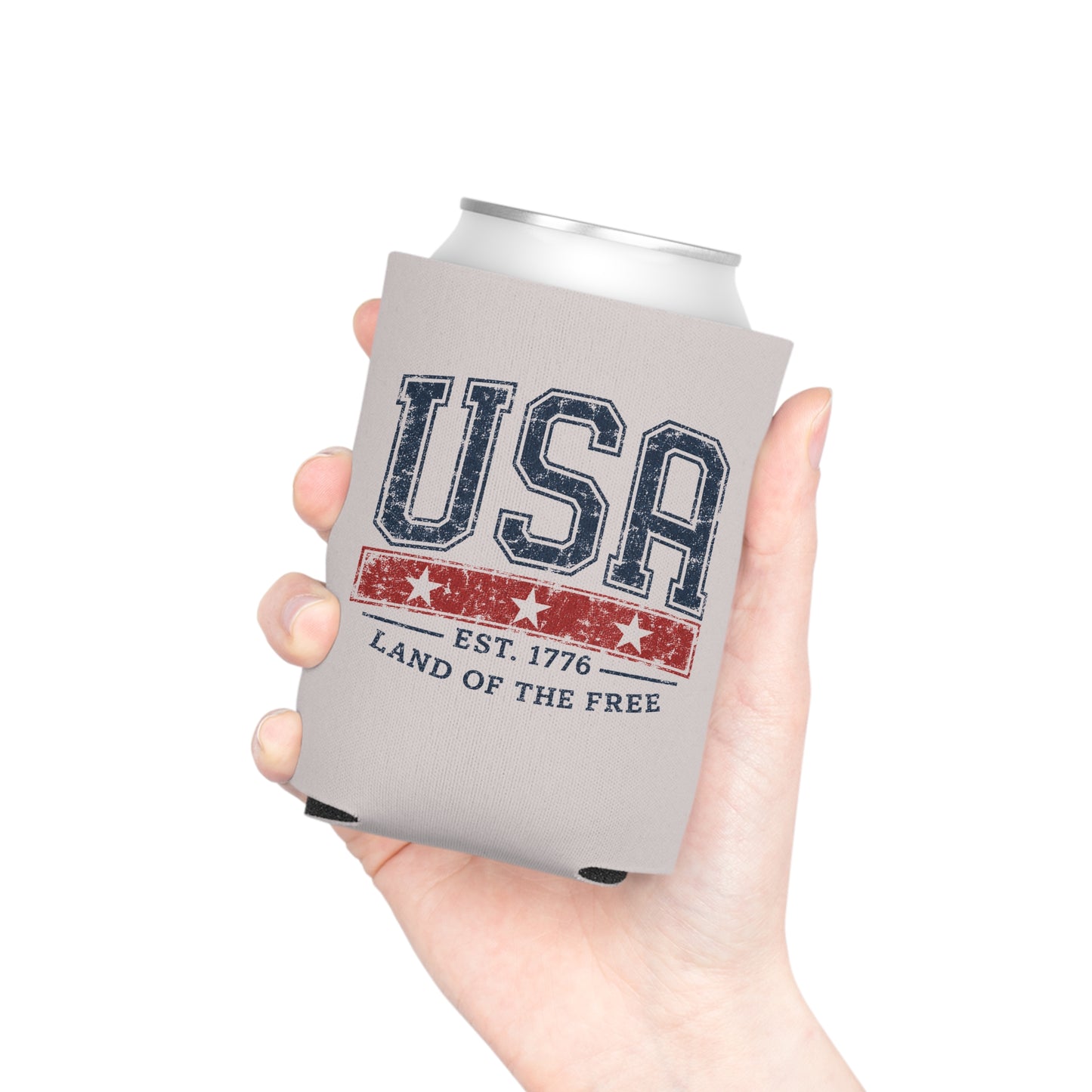 Vintage USA Patriotic Can Cooler Sleeve – Est. 1776 Americana Drink Koozie