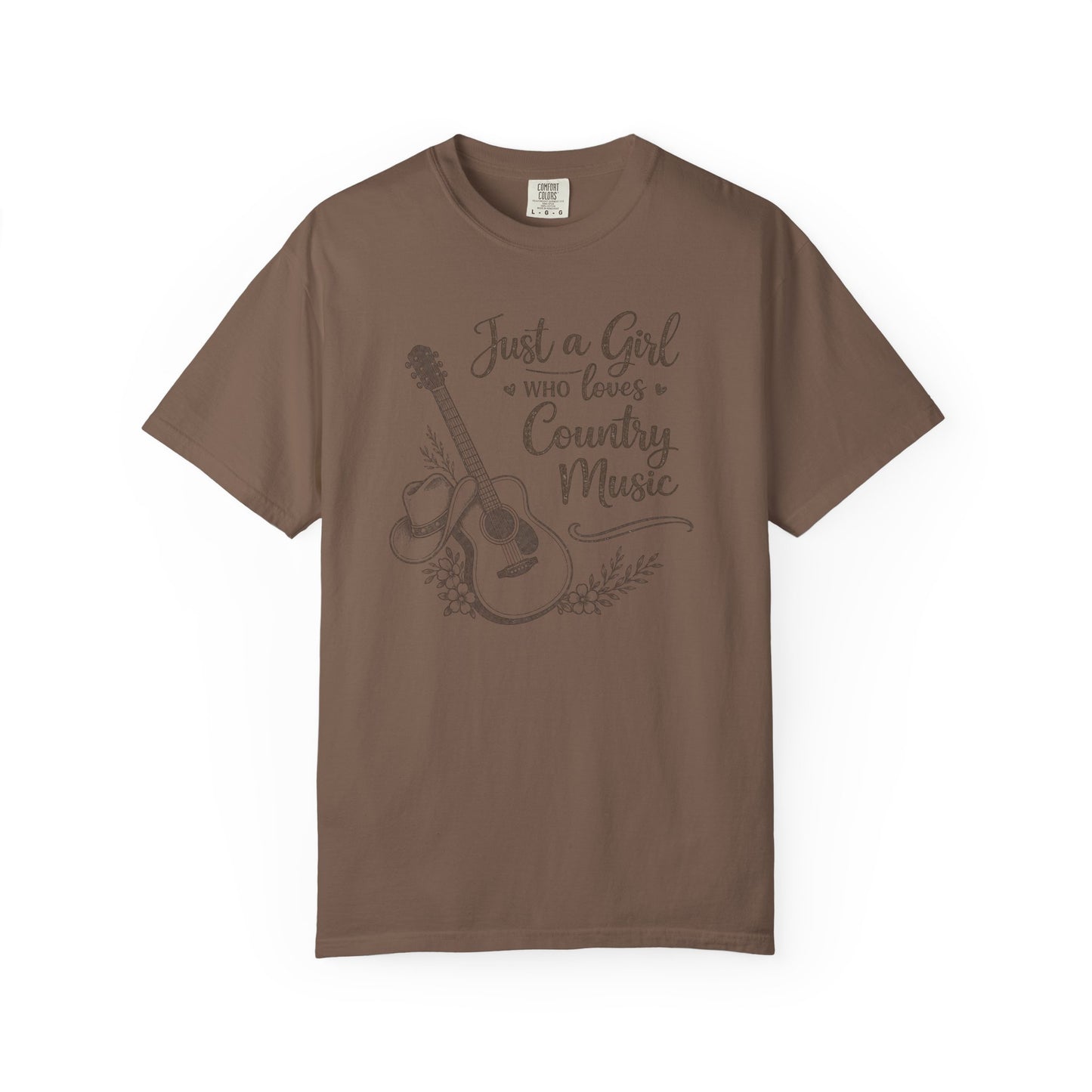 Brown t-shirt with a graphic of a guitar and text 'Just a Girl Who Loves Country Music' on a white background