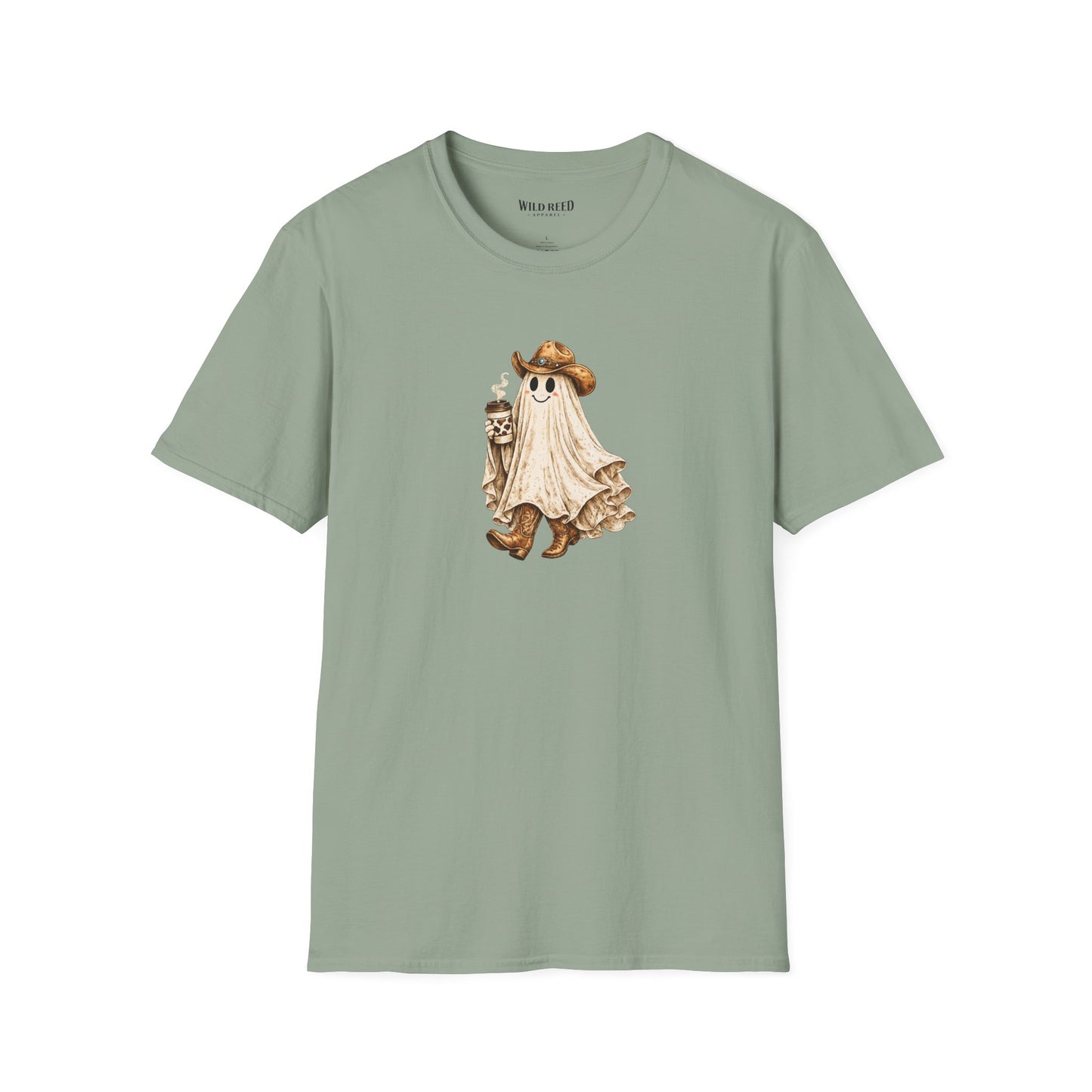 Vintage western ghost graphic on a sage t-shirt featuring a smiling ghost in a cowboy hat and cowboy boots holding a cow print coffee cup.