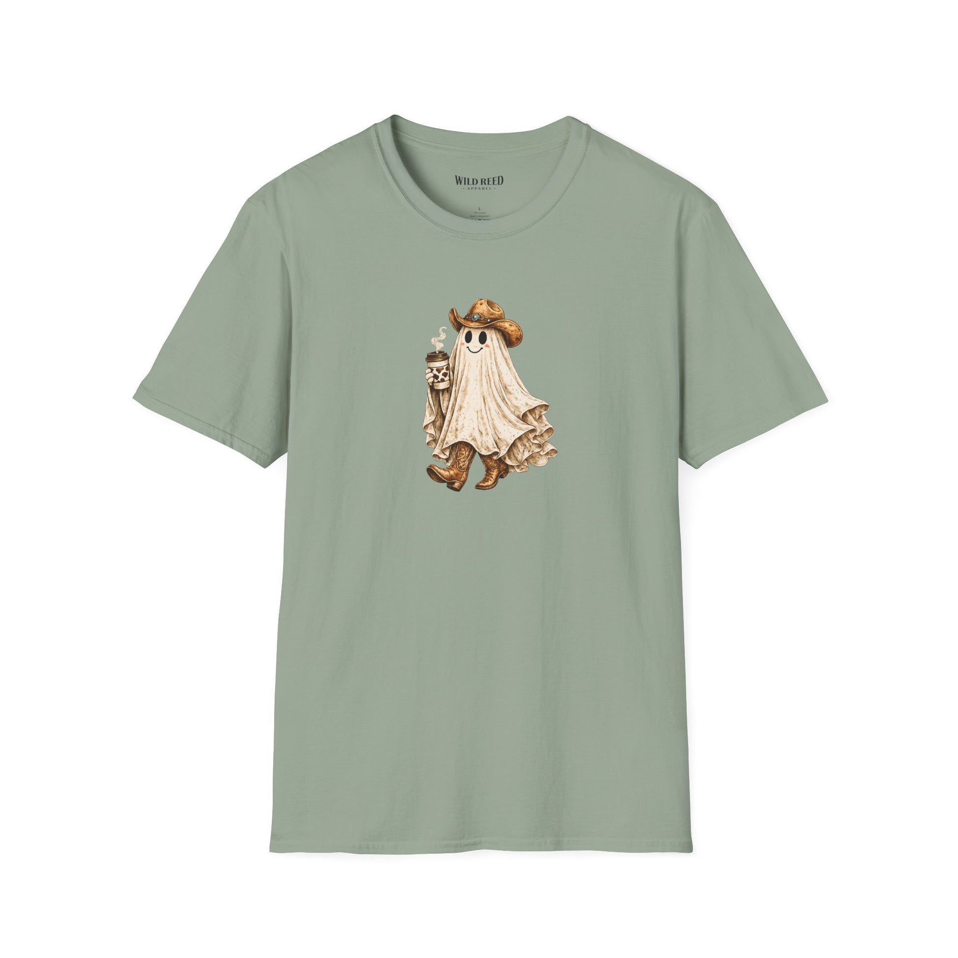Vintage western ghost graphic on a sage t-shirt featuring a smiling ghost in a cowboy hat and cowboy boots holding a cow print coffee cup.