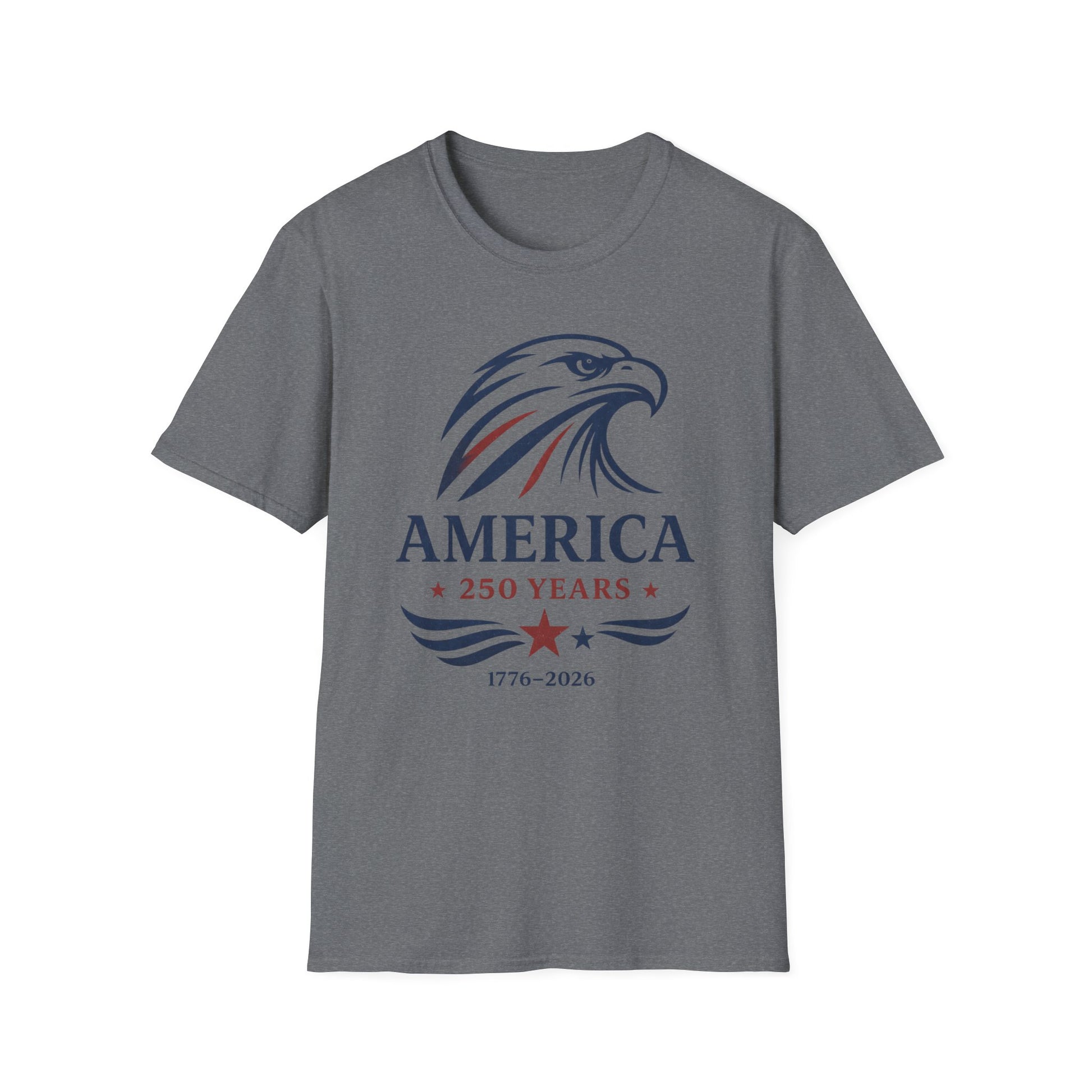 Vintage America 250 eagle graphic printed on a patriotic graphite unisex t-shirt featuring a 1776-2026 commemorative design.