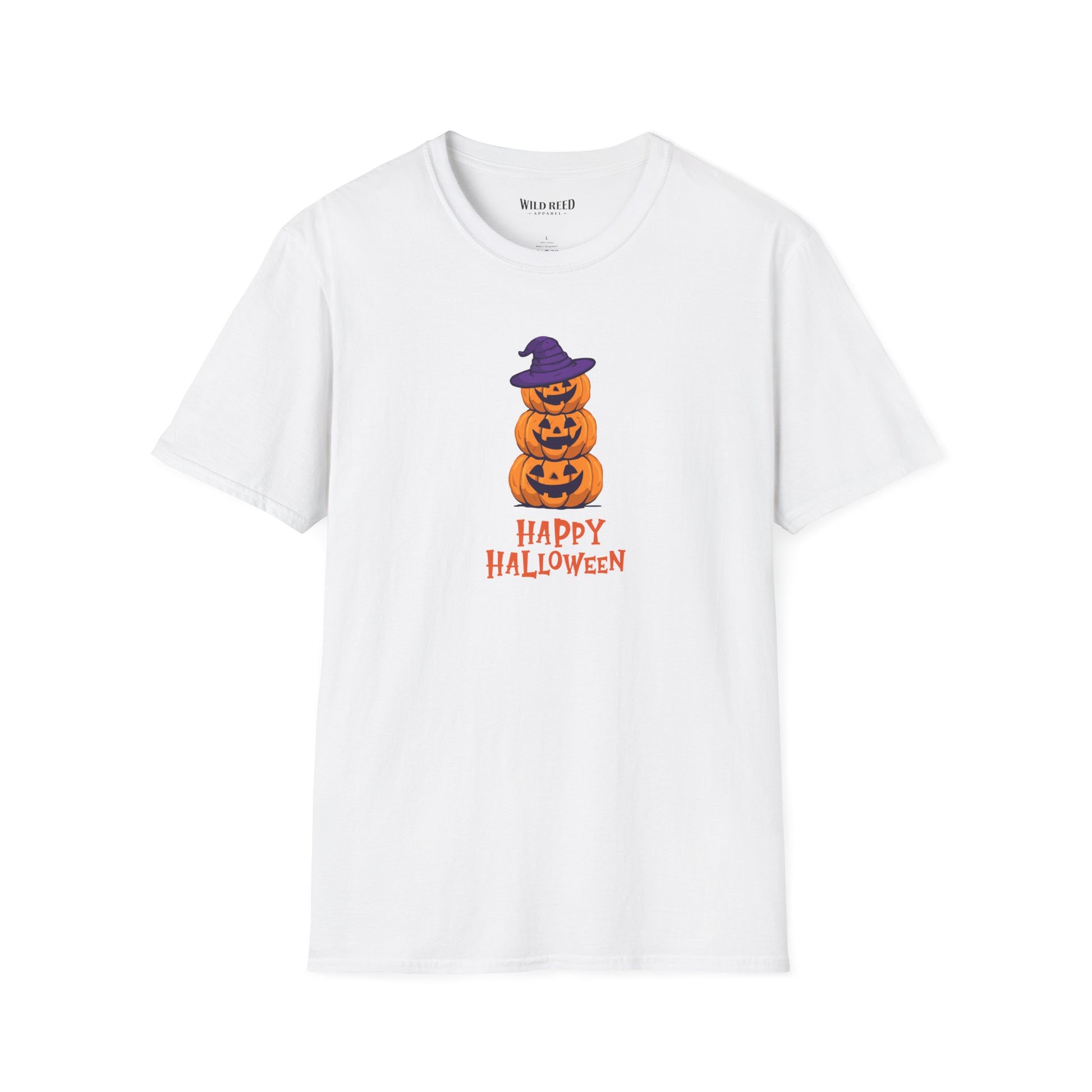 A white short-sleeve crewneck t-shirt featuring a graphic of three stacked orange jack-o'-lantern pumpkins wearing a purple witch hat, with 'HAPPY HALLOWEEN' printed below in orange.