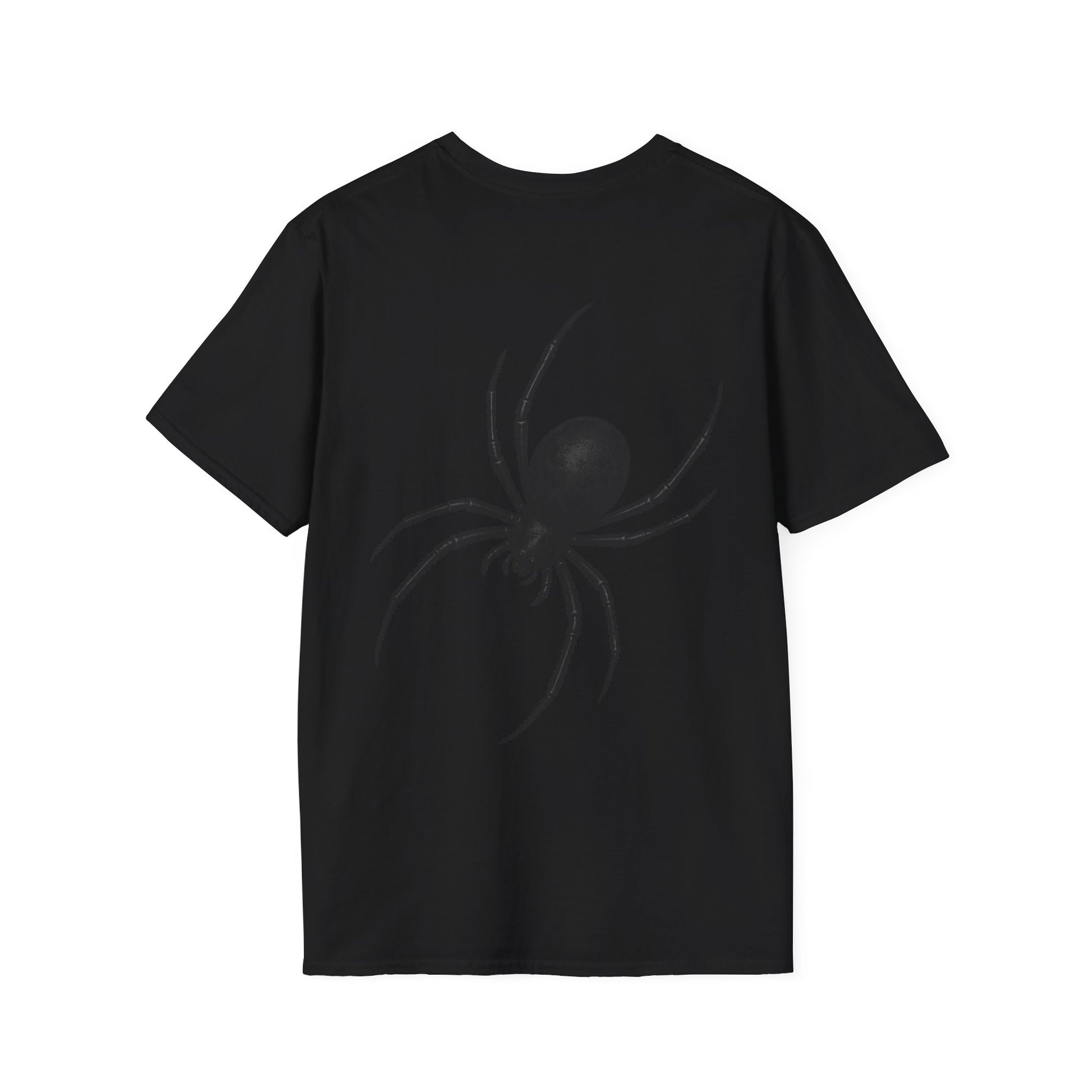 A subtle black spider on the back of the plain black short-sleeve crewneck t-shirt shown from the back, laid flat against a solid white background.