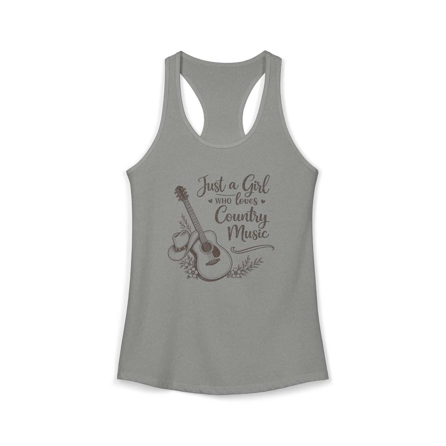 Gray racerback tank top with vintage Just a Girl Who Loves Country Music western guitar graphic 