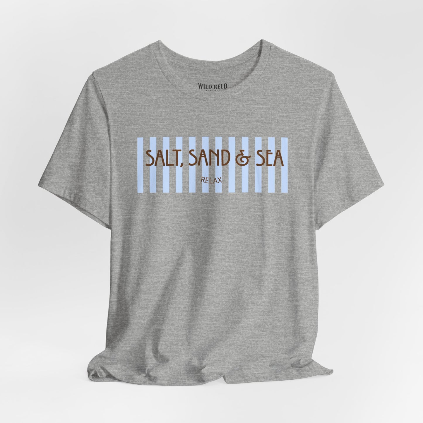 Gray Salt, Sand & Sea beach graphic tee featuring light blue stripes and brown vintage-inspired lettering.