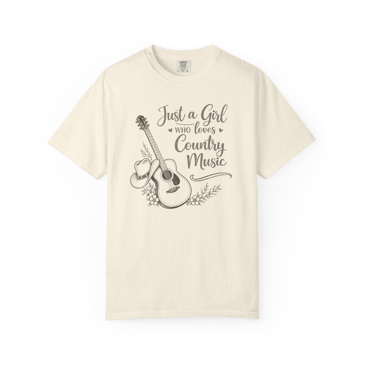 Ivory t-shirt with a graphic of a guitar and text 'Just a Girl Who Loves Country Music' on a white background