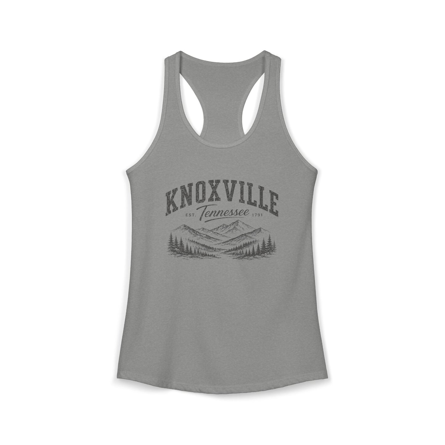 Gray racerback tank top with 'Knoxville, Tennessee' graphic on a white background