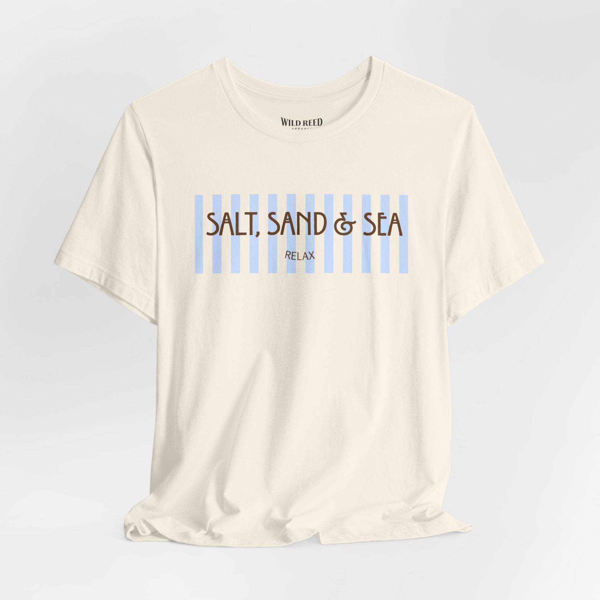 Natural Salt, Sand & Sea beach graphic tee featuring light blue stripes and brown vintage-inspired lettering.