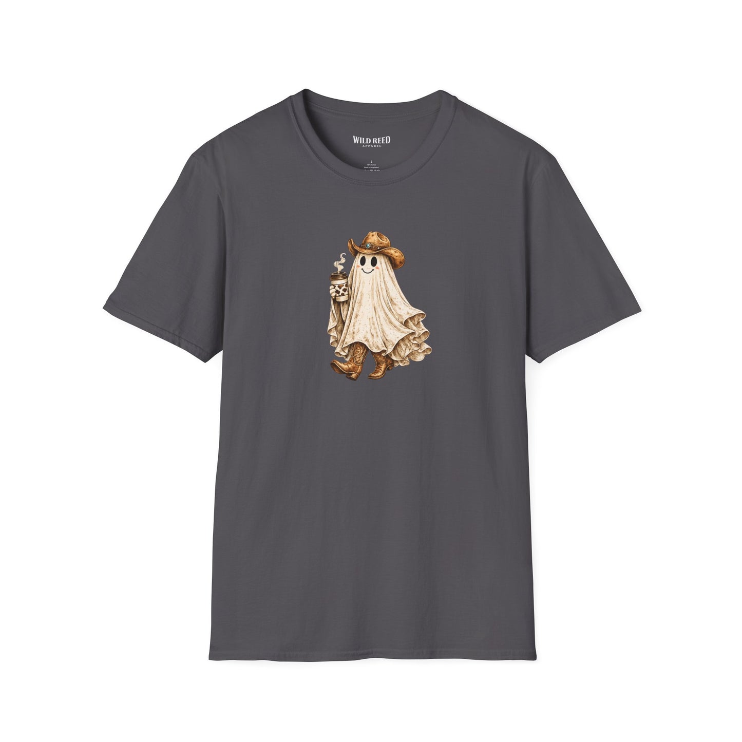 Vintage western ghost graphic on a charcoal t-shirt featuring a smiling ghost in a cowboy hat and cowboy boots holding a cow print coffee cup.