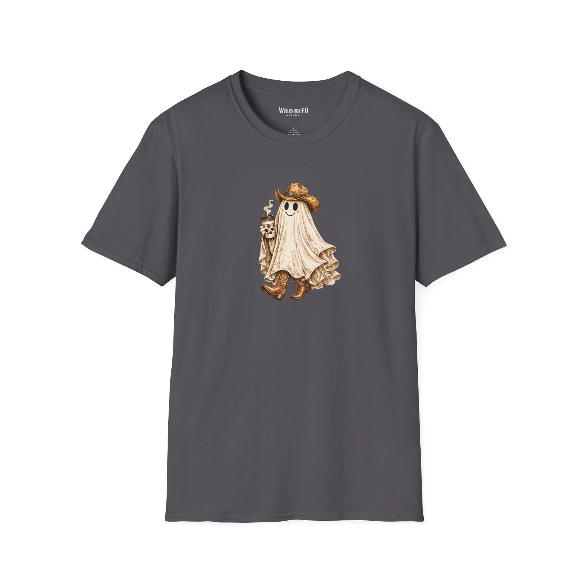Vintage western ghost graphic on a charcoal t-shirt featuring a smiling ghost in a cowboy hat and cowboy boots holding a cow print coffee cup.