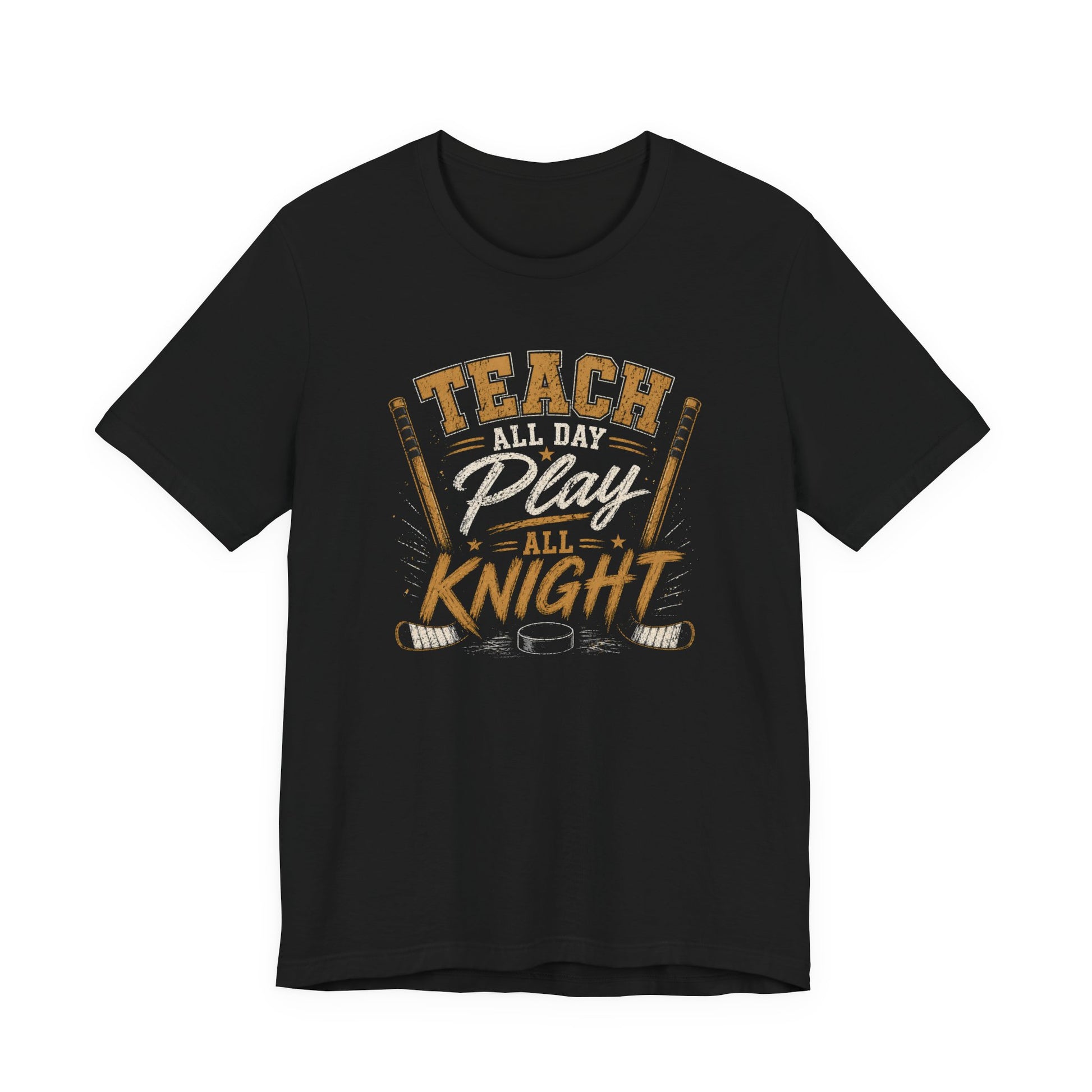 Teach All Day Play All Knight shirt teacher hockey graphic tee in black