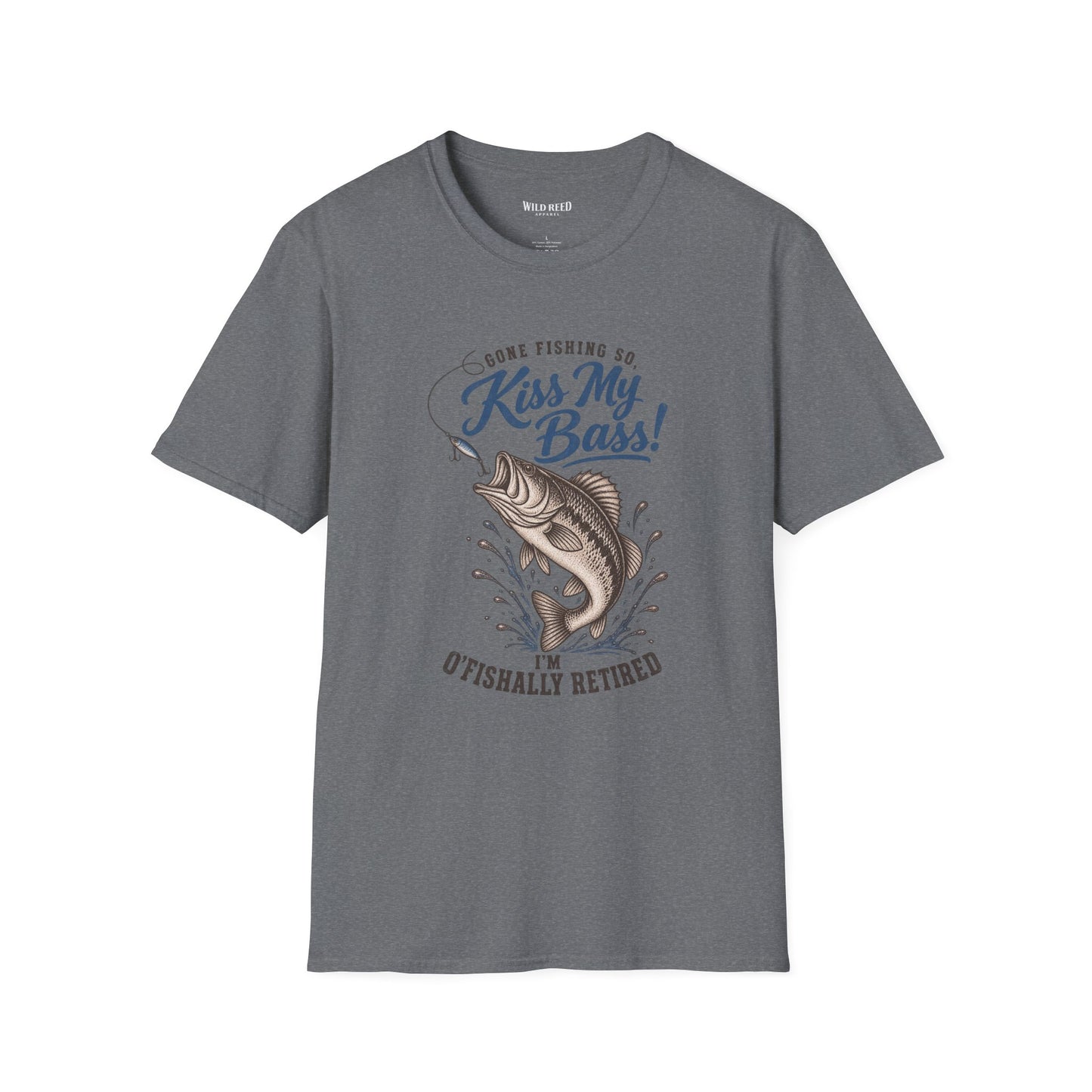 heathered blue graphic t-shirt with a blue and brown fish design and the text 'Gone Fishing So, Kiss My Bass! I'm O'Fishally Retired