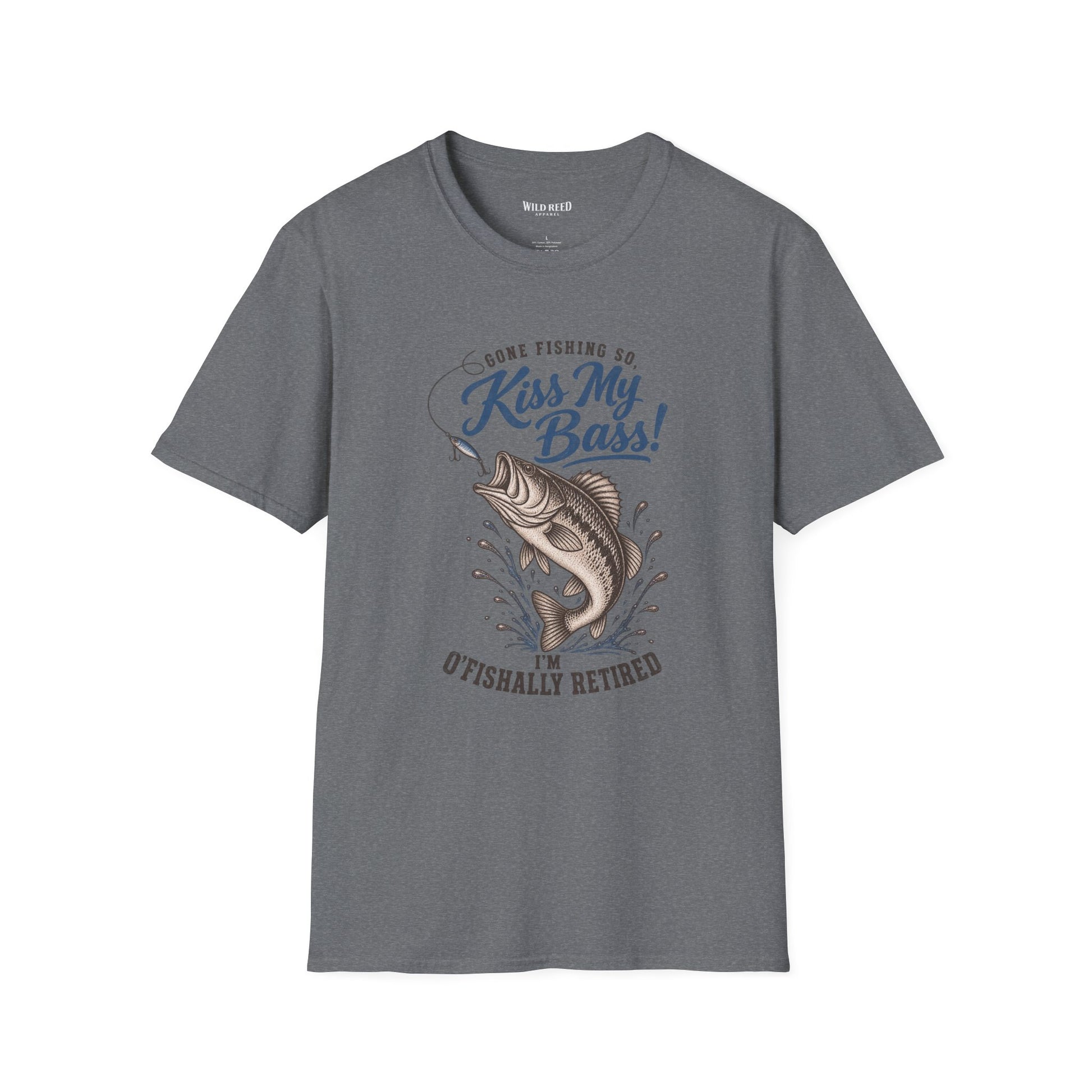 heathered blue graphic t-shirt with a blue and brown fish design and the text 'Gone Fishing So, Kiss My Bass! I'm O'Fishally Retired