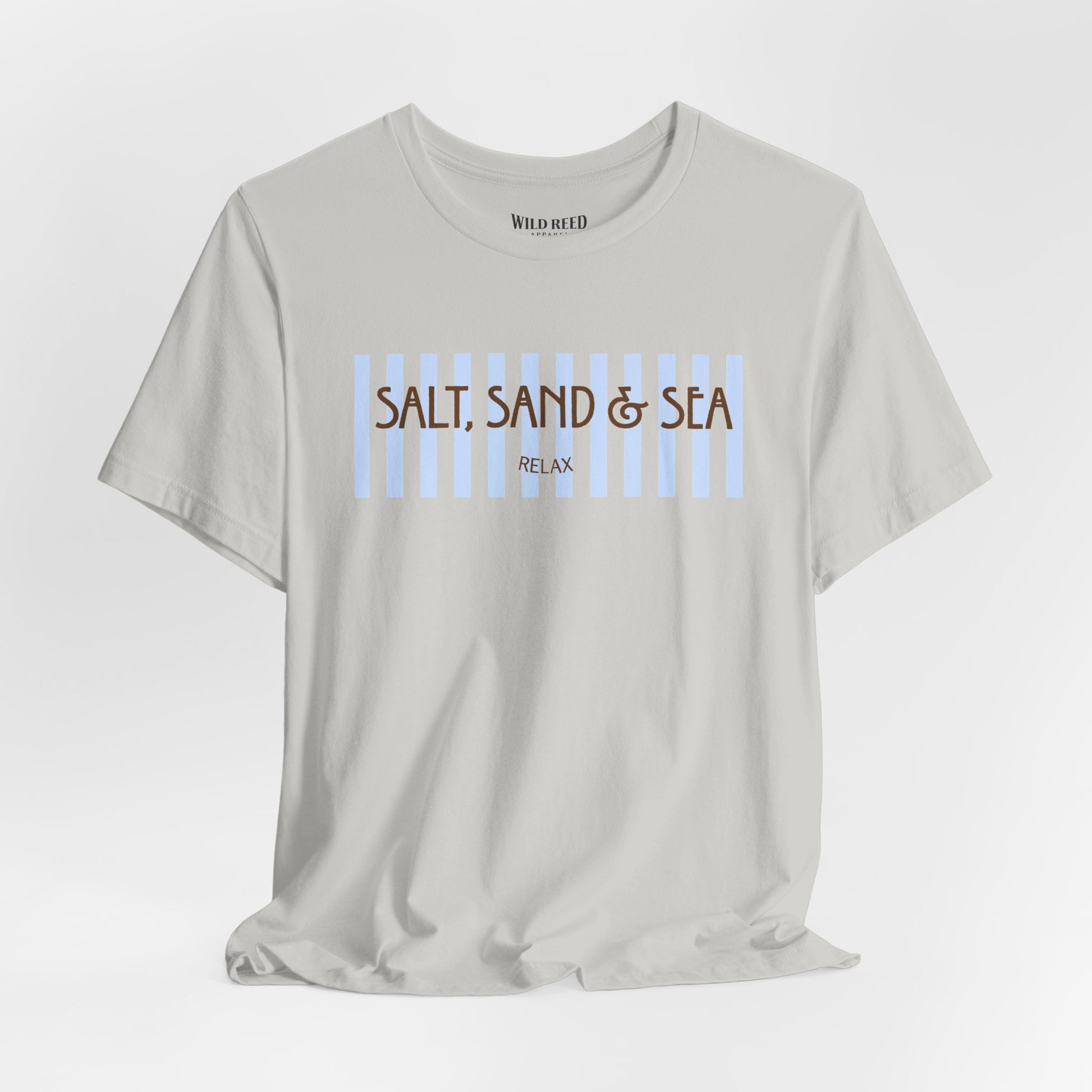 Gray Salt, Sand & Sea beach graphic tee featuring light blue stripes and brown vintage-inspired lettering.