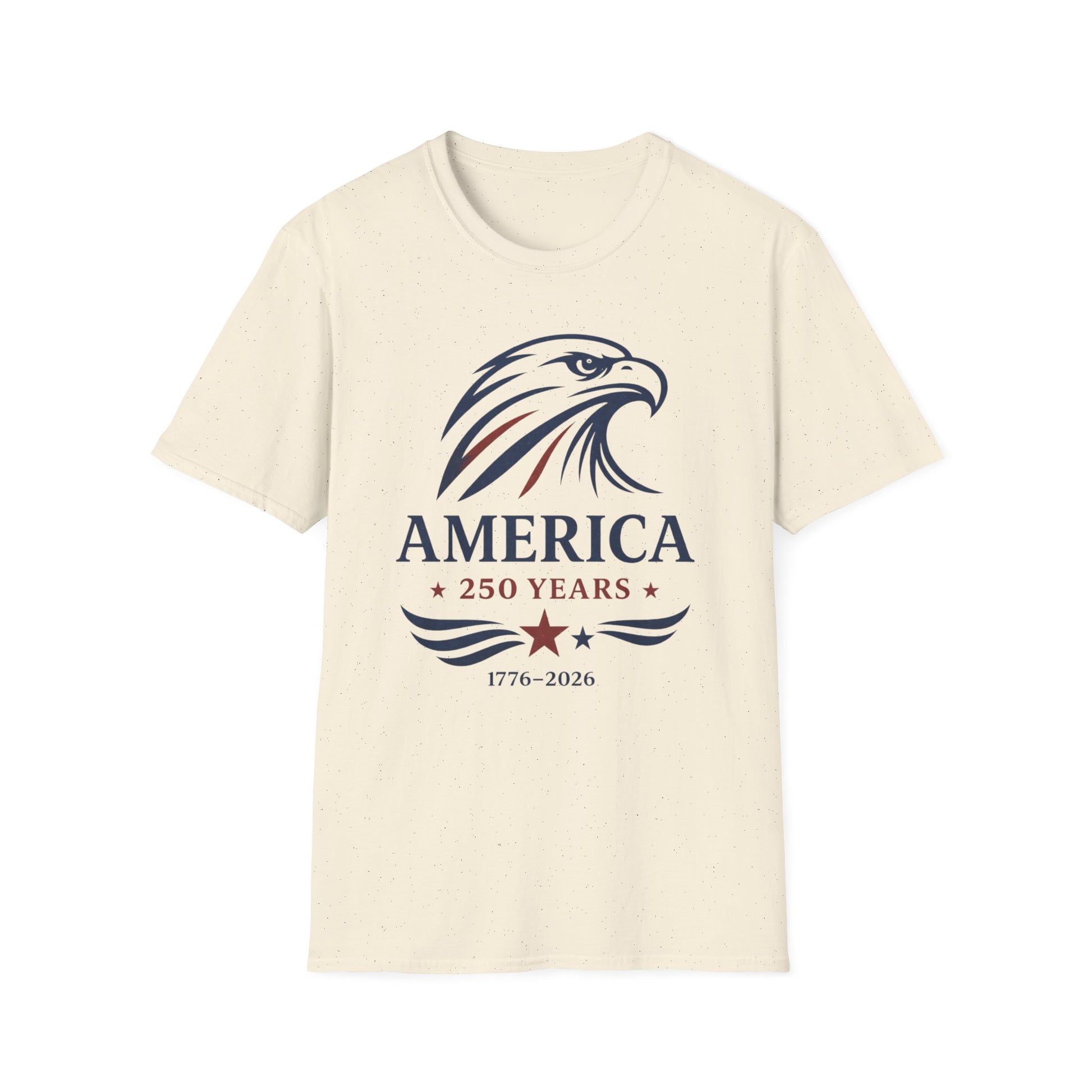 Vintage America 250 eagle graphic printed on a patriotic natural unisex t-shirt featuring a 1776-2026 commemorative design.