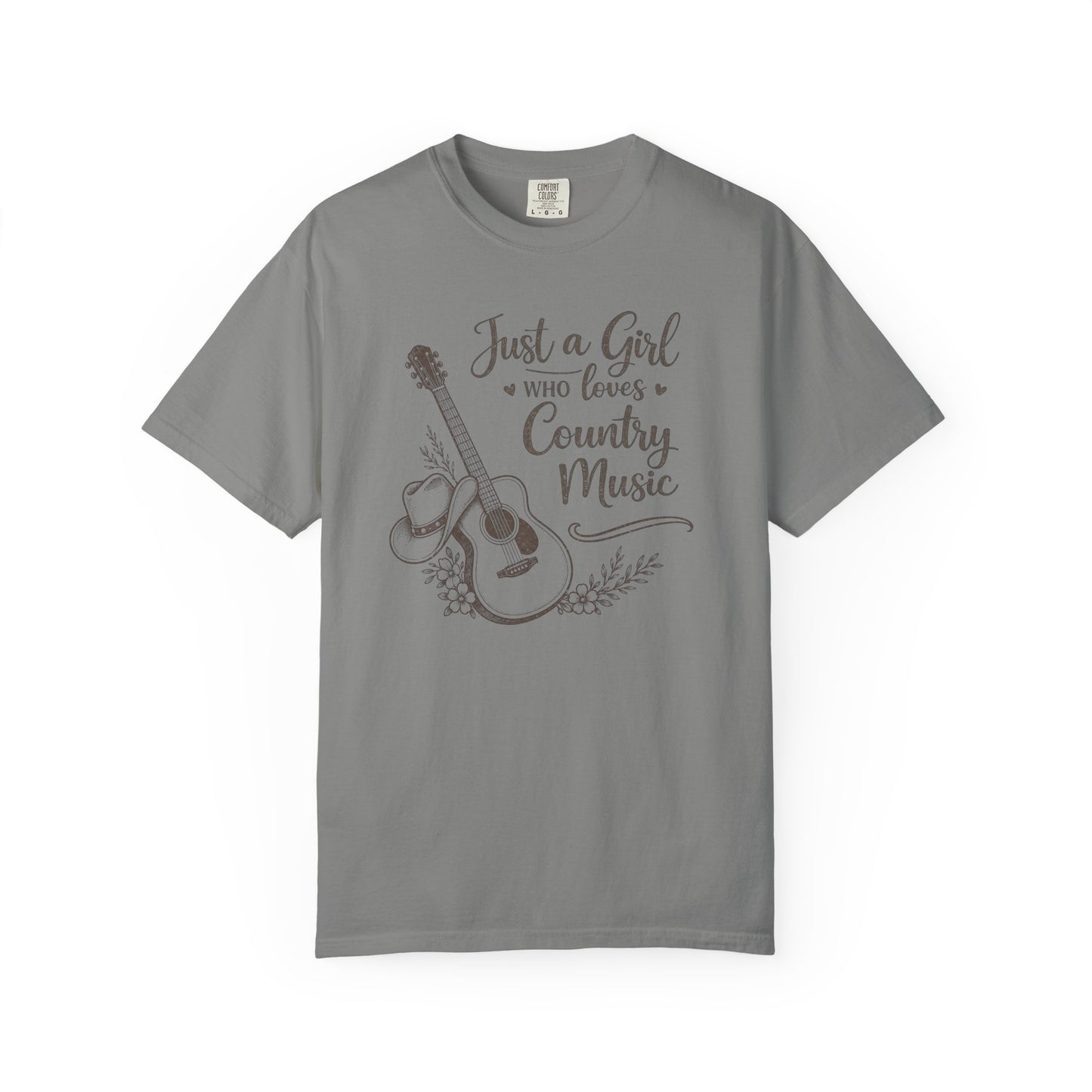 Gray t-shirt with a graphic of a guitar and text 'Just a Girl Who Loves Country Music' on a white background
