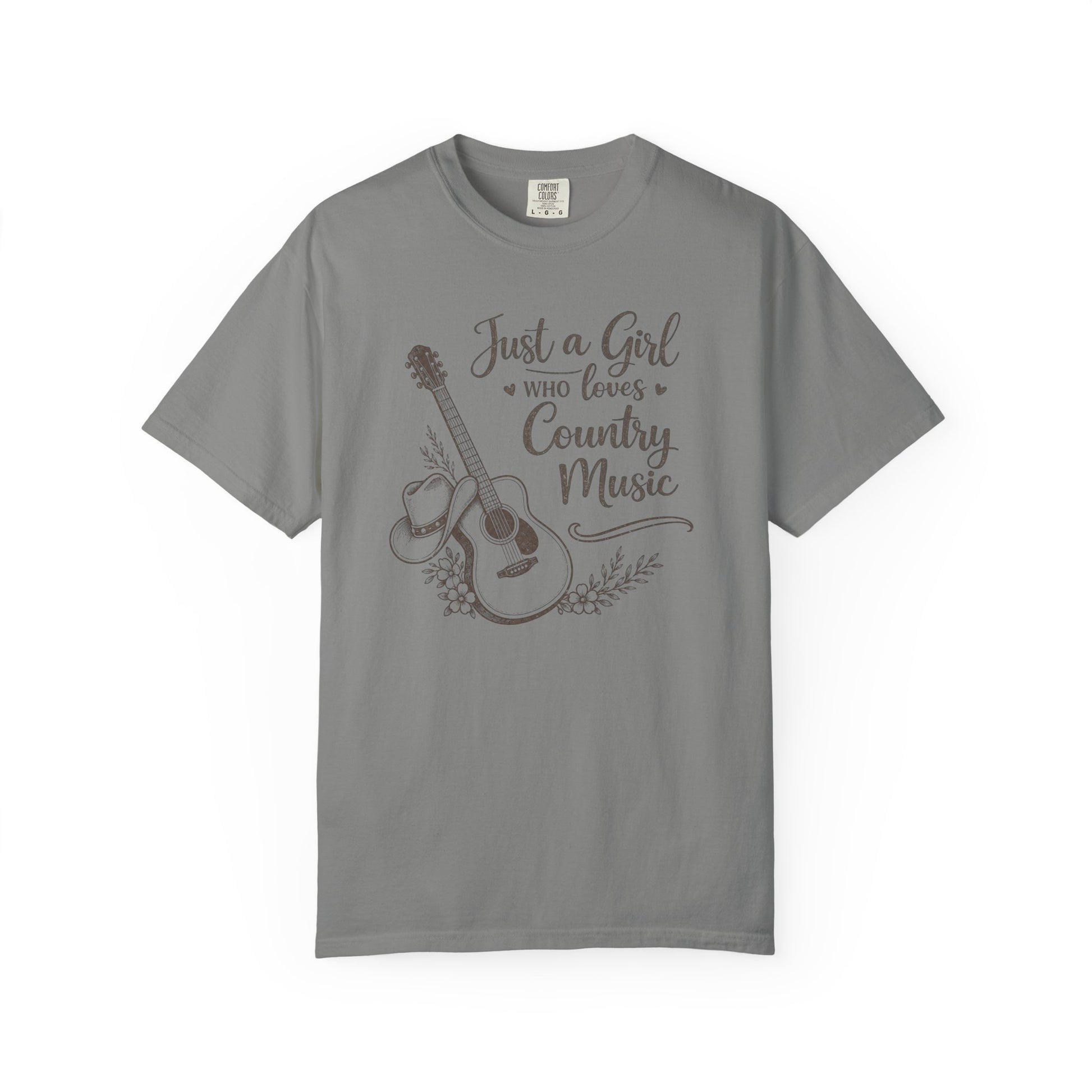 Gray t-shirt with a graphic of a guitar and text 'Just a Girl Who Loves Country Music' on a white background