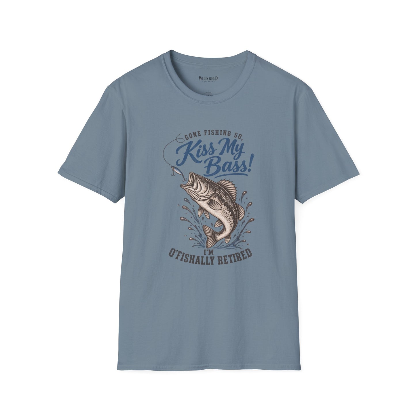 stone blue graphic t-shirt with a blue and brown fish design and the text 'Gone Fishing So, Kiss My Bass! I'm O'Fishally Retired