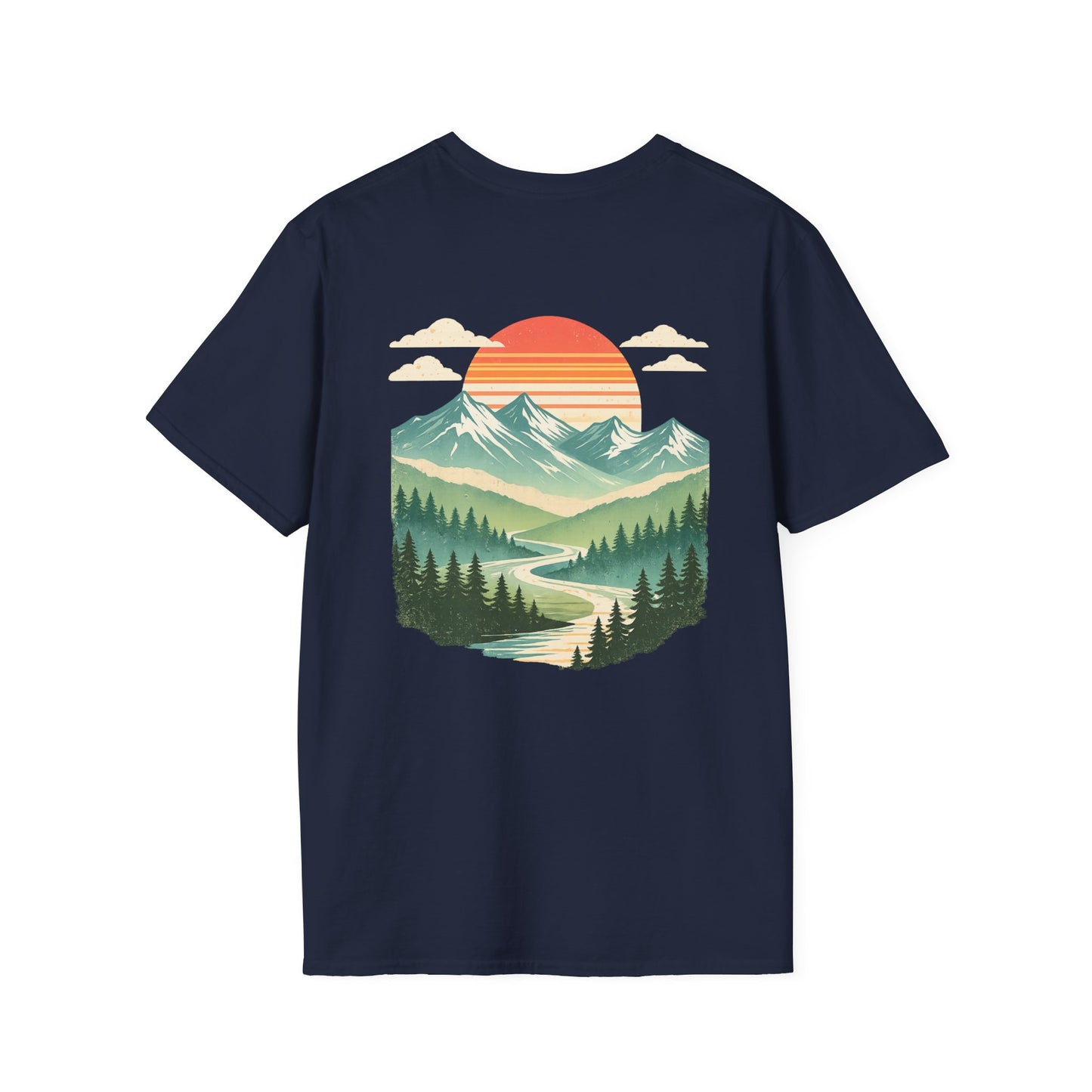 Retro Mountain Sunset Back Print T-Shirt | Vintage Outdoor Landscape Graphic Tee | Heritage Vintage Collection