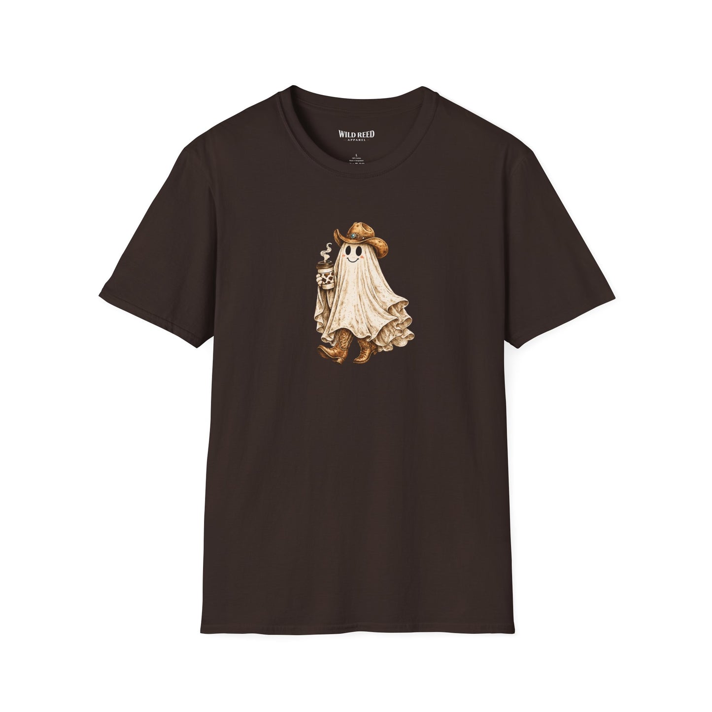 Vintage western ghost graphic on a chocolate t-shirt featuring a smiling ghost in a cowboy hat and cowboy boots holding a cow print coffee cup.