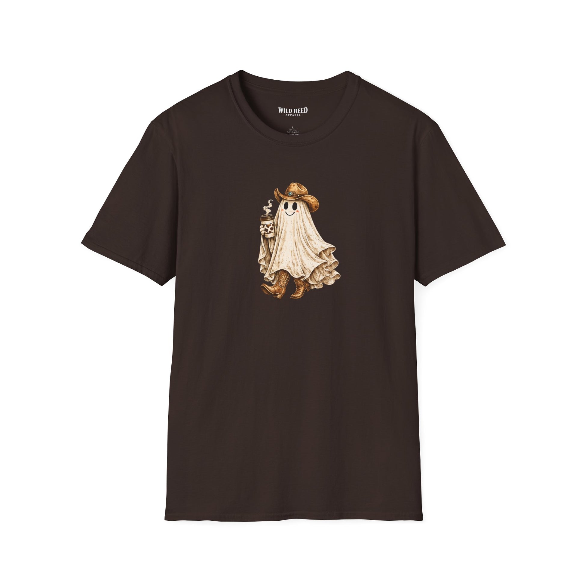 Vintage western ghost graphic on a chocolate t-shirt featuring a smiling ghost in a cowboy hat and cowboy boots holding a cow print coffee cup.