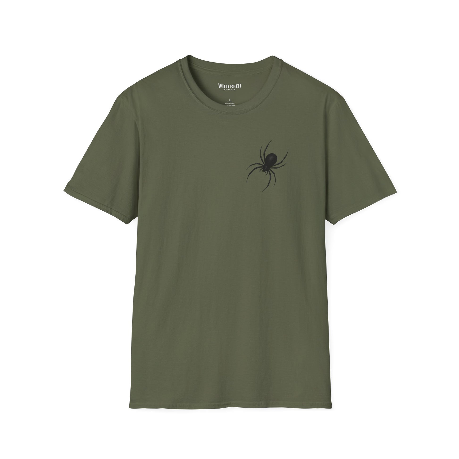 Black Spider graphic military green tee with a subtle black spider chest print