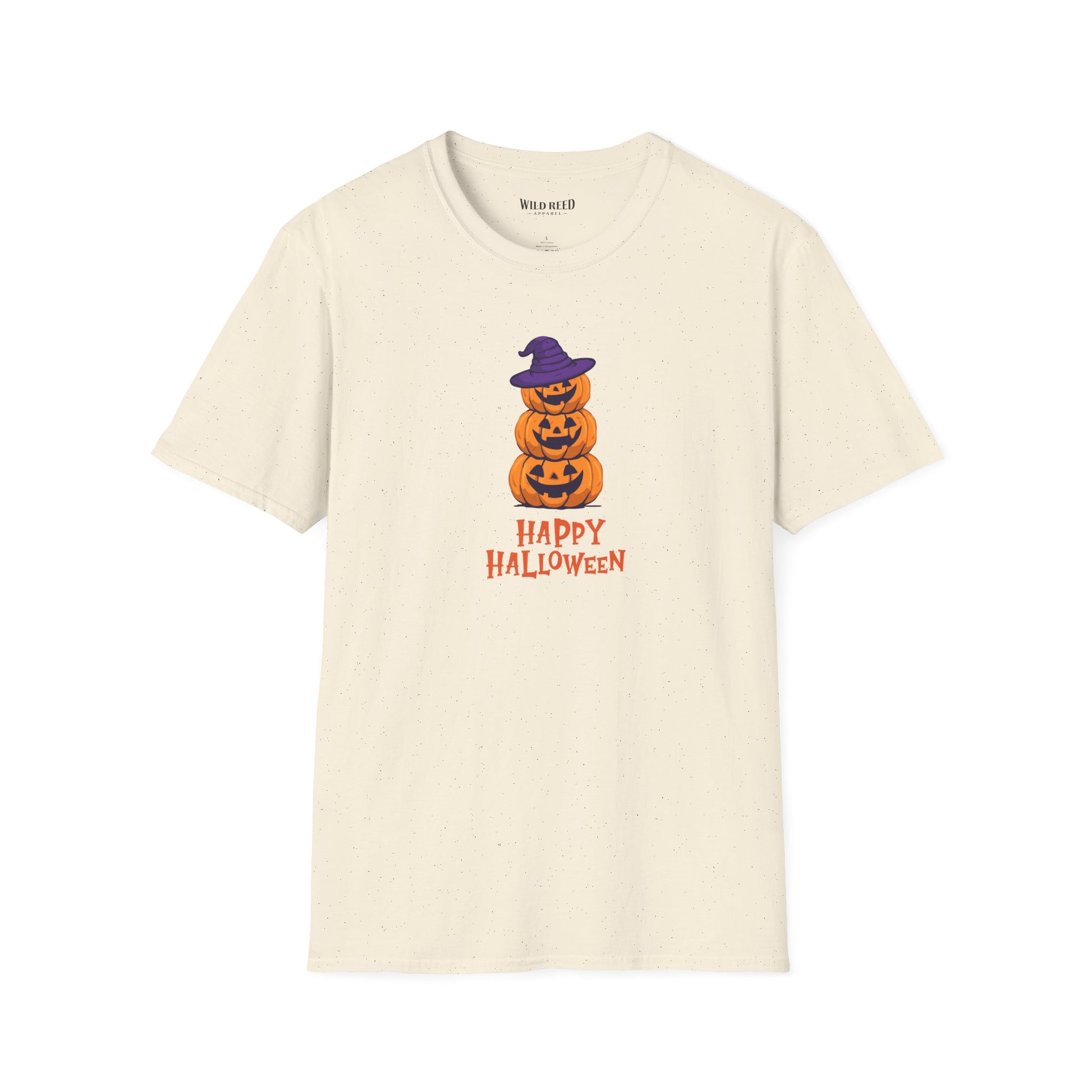 An off-white short-sleeve crewneck t-shirt featuring a graphic of three stacked jack-o'-lanterns wearing purple witch hats with 'HAPPY HALLOWEEN' printed below in orange.