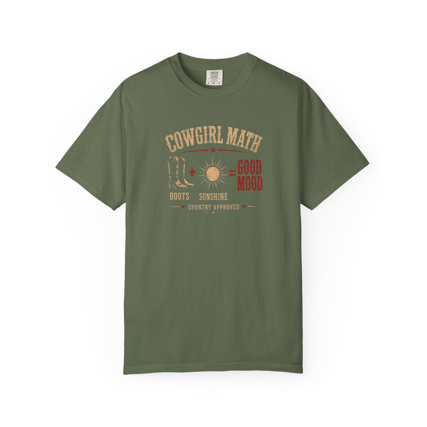 Cowgirl Math graphic tee with boots and sunshine western design in sage