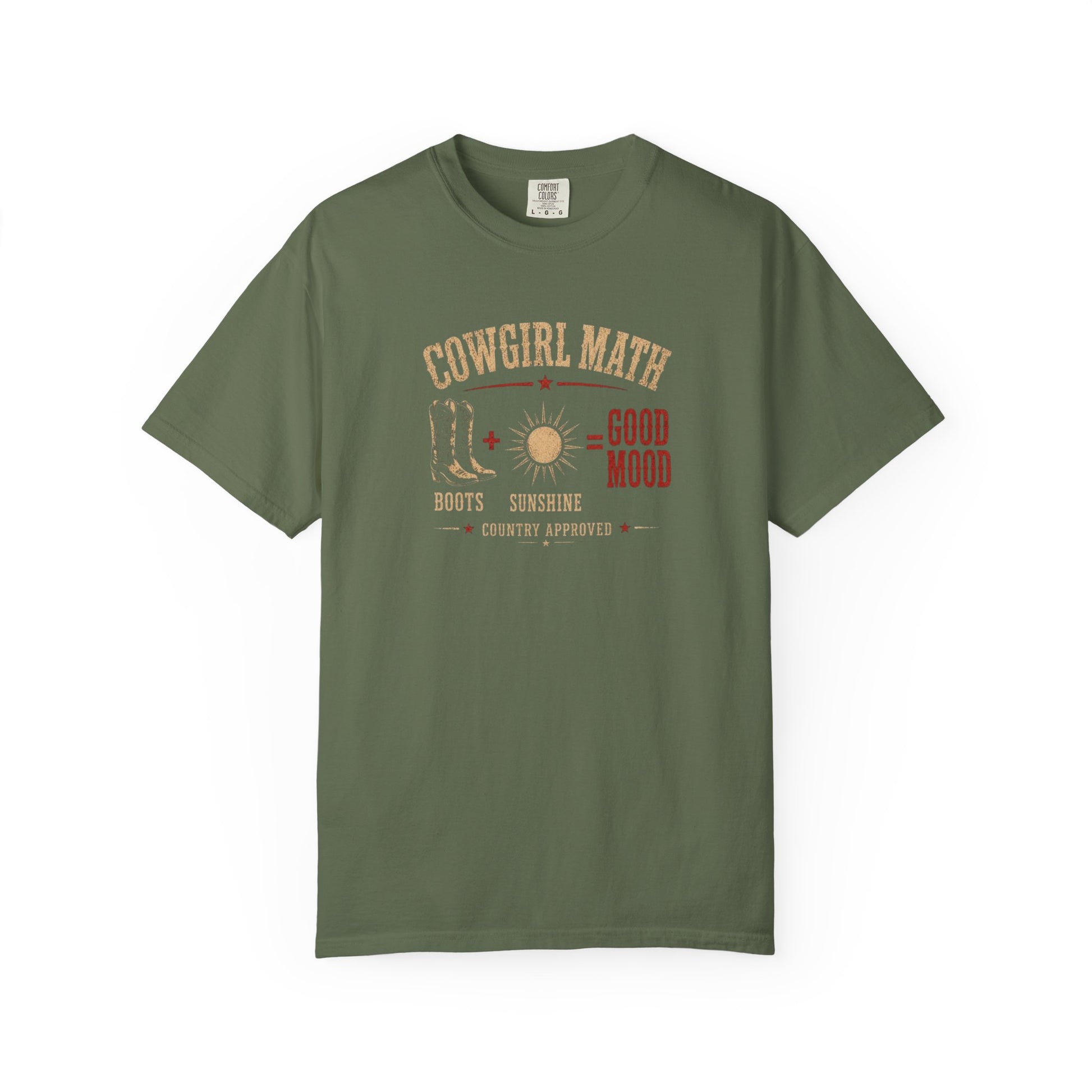 Cowgirl Math graphic tee with boots and sunshine western design in sage