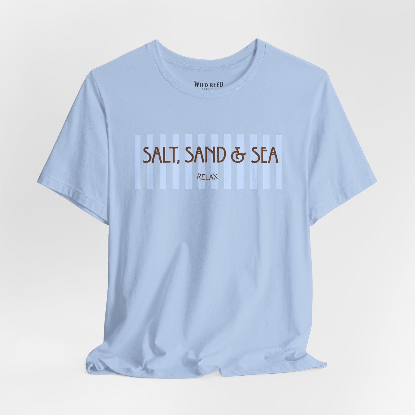 Light blue Salt, Sand & Sea beach graphic tee featuring light blue stripes and brown vintage-inspired lettering.