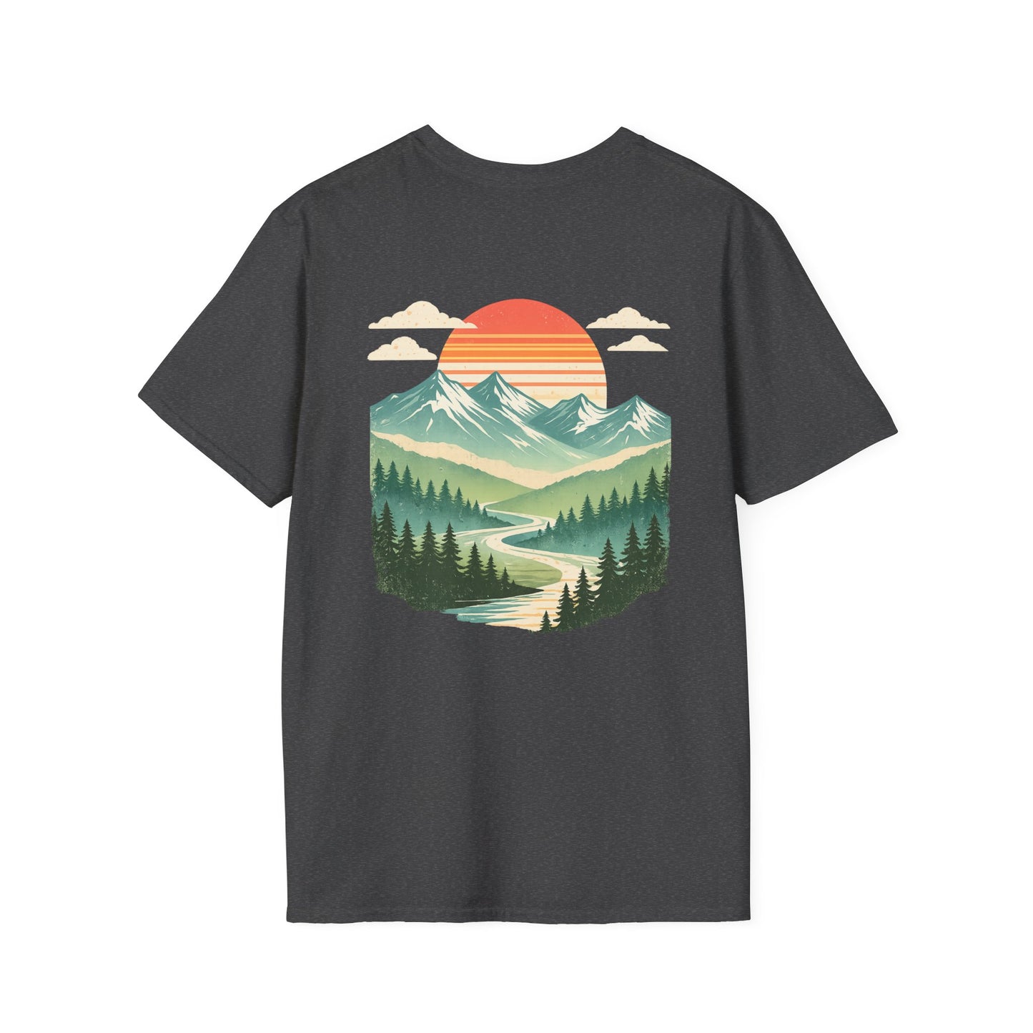 Retro Mountain Sunset Back Print T-Shirt | Vintage Outdoor Landscape Graphic Tee | Heritage Vintage Collection
