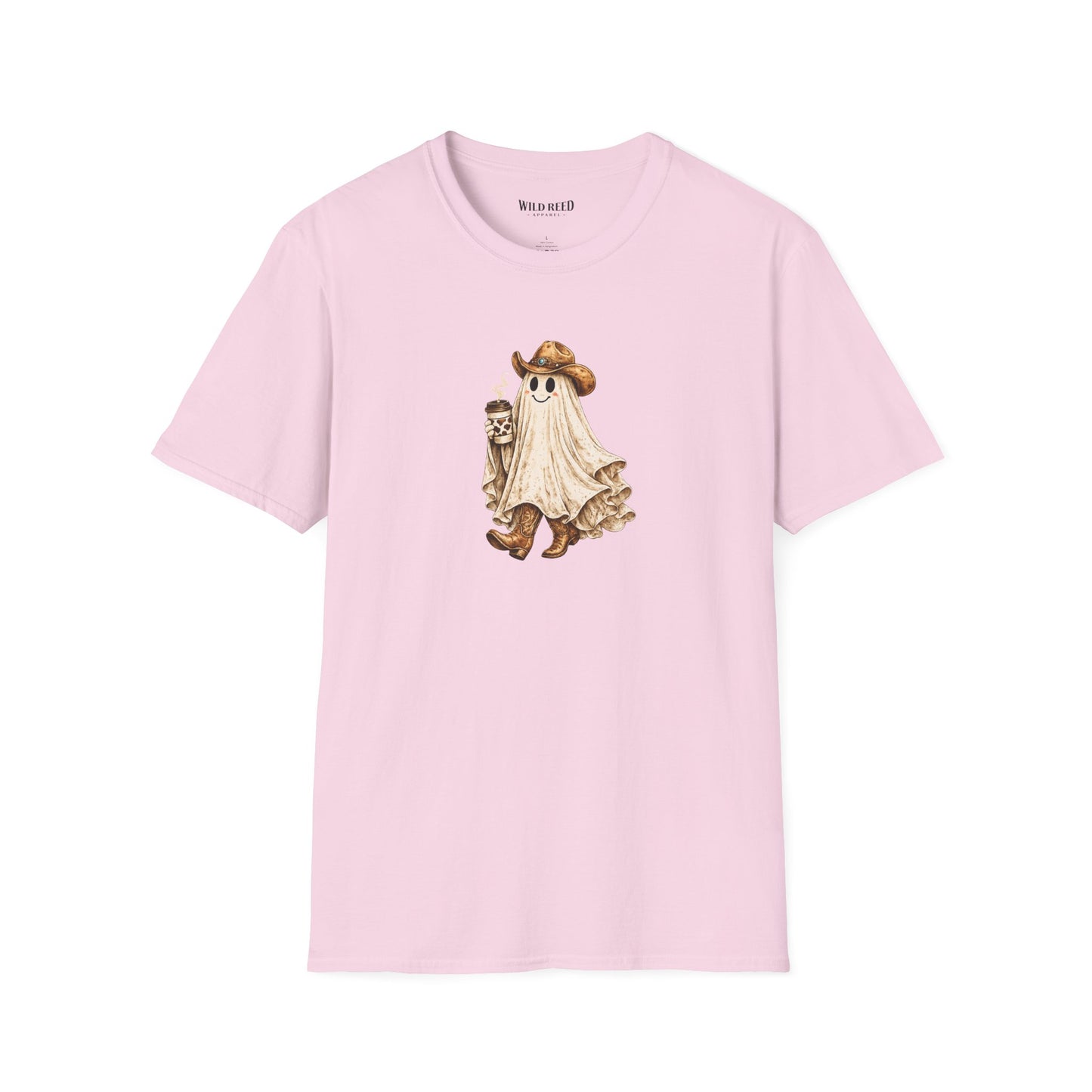 Vintage western ghost graphic on a light pink t-shirt featuring a smiling ghost in a cowboy hat and cowboy boots holding a cow print coffee cup.
